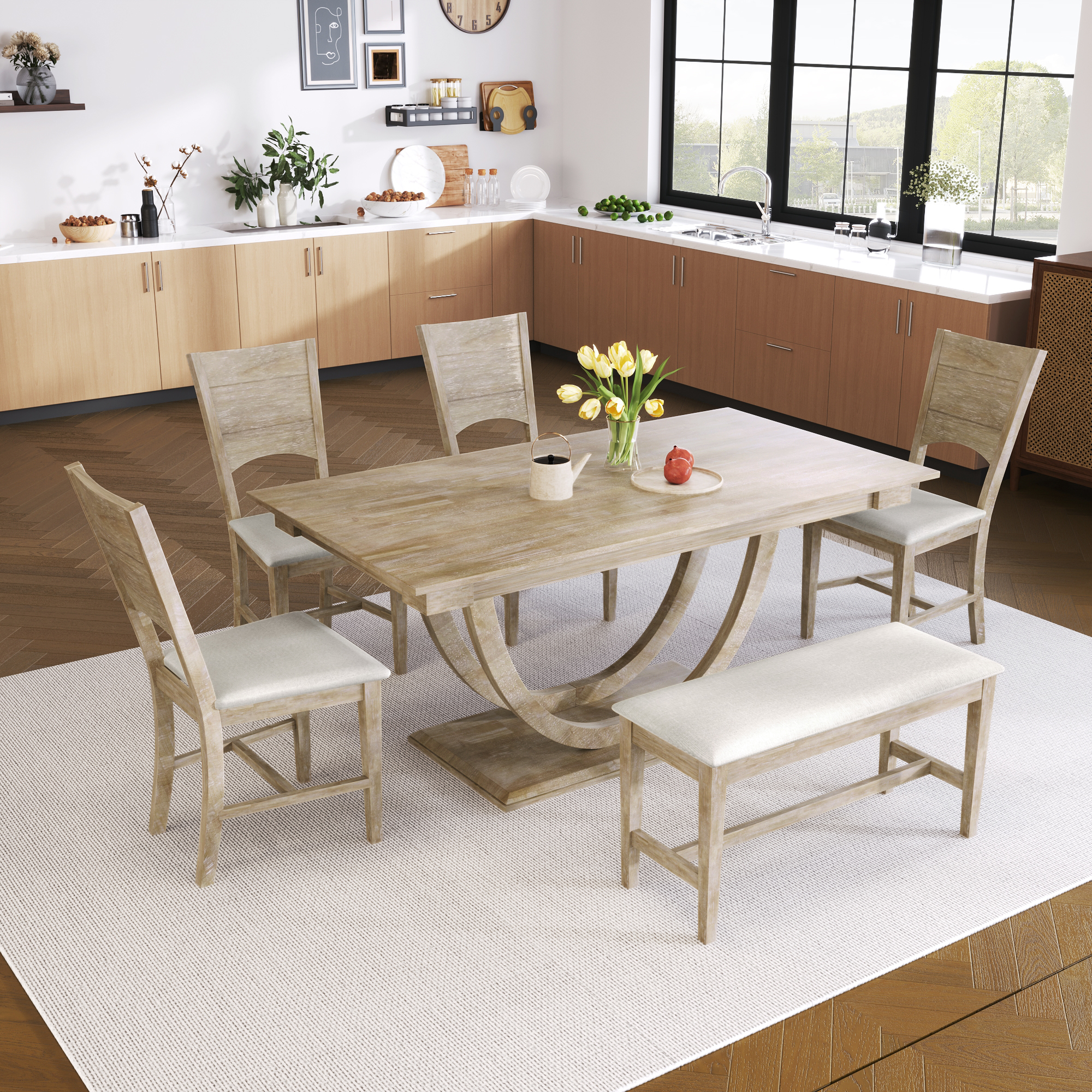 TOPMAX 6-Piece Wood Half Round Dining Table Set Kitchen Table Set With Long Bench And 4 Dining Chairs, Modern Style, Seadrift