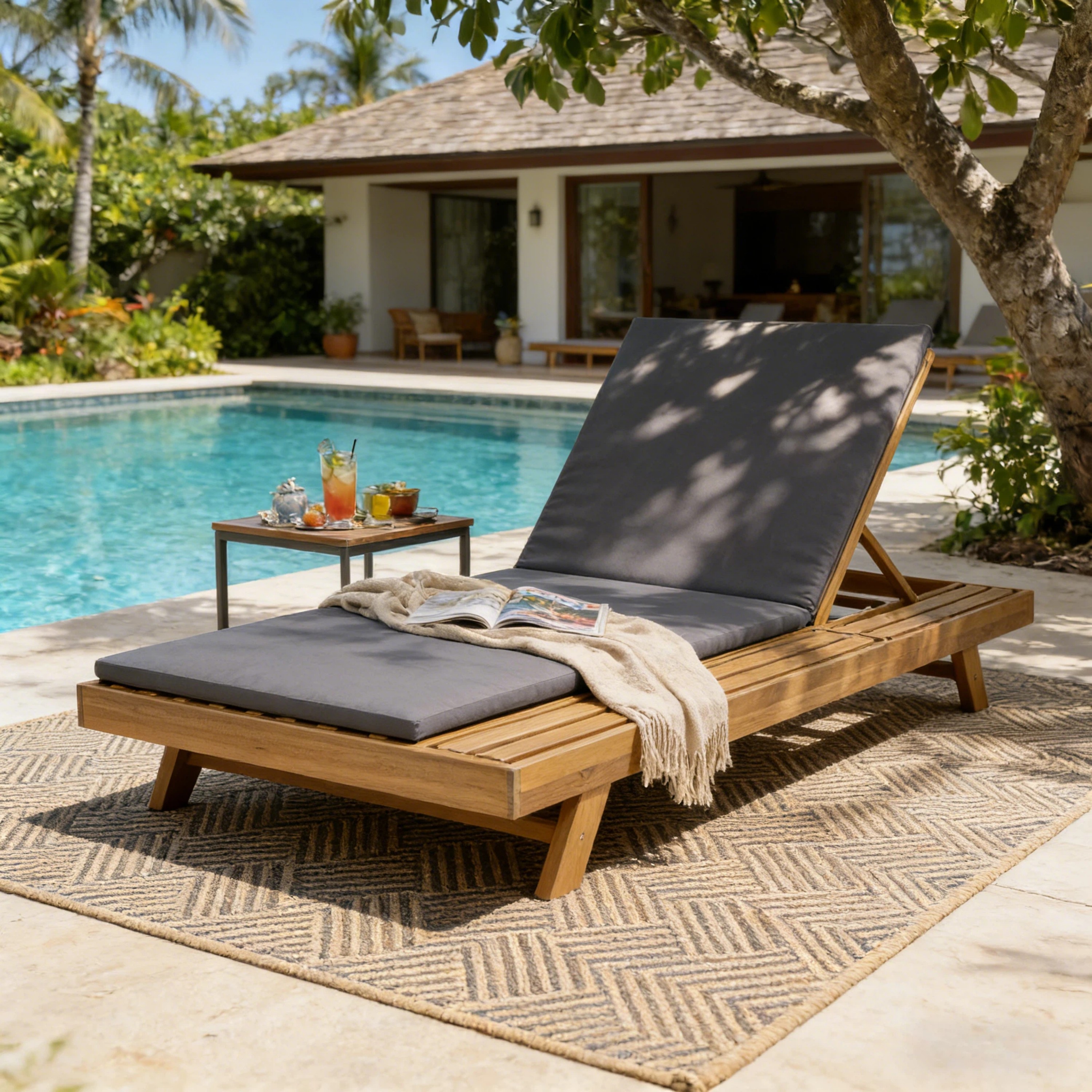 Lounge Chaise Set, Space Available On One Side, Acacia Wood In Light Brown With Water-Resistant Lounge Cushions Dark Grey & 2 Inch Thick -Matching Cream Leaf Coconut Version Available