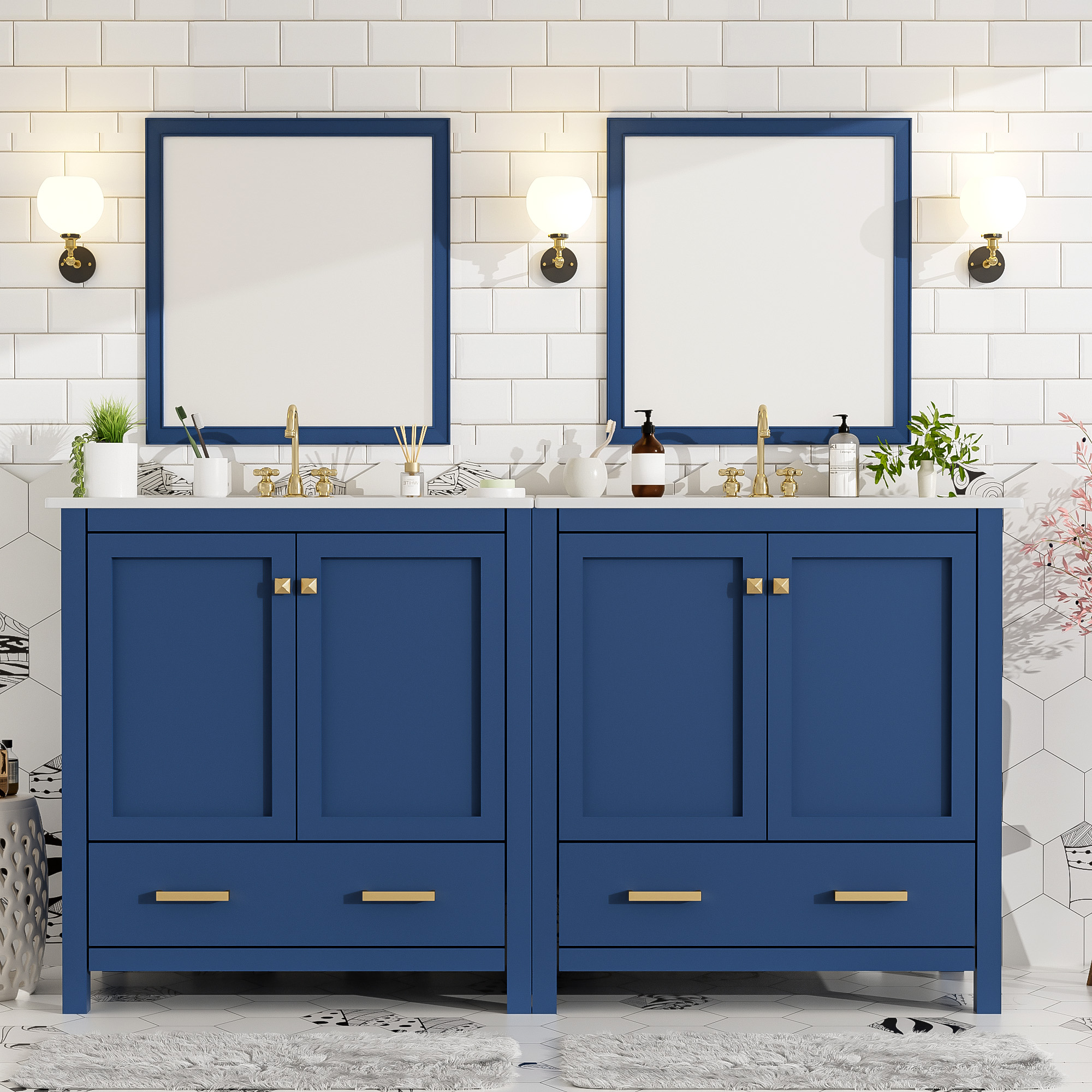 60 Blue Bathroom Vanity Set With Double Vanities Separate , Double Ceramic Sinks, Storage Shelf, And Divided Drawers Mirror Not Included Modern Bathroom Solution For Spacious Bathrooms