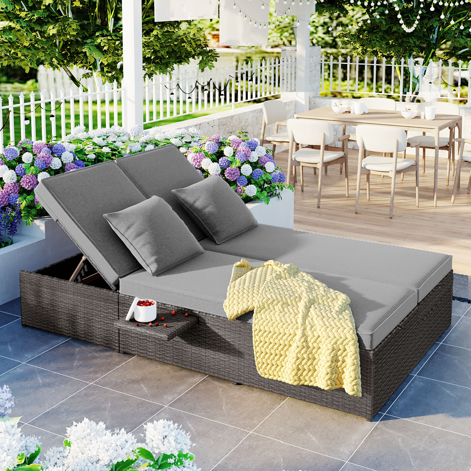 TOPMAX Outdoor Double Sunbed, Wicker Rattan Patio Reclining Chairs With Adjustable Backrest And Seat, Conversational Set For 2 Person, Gray