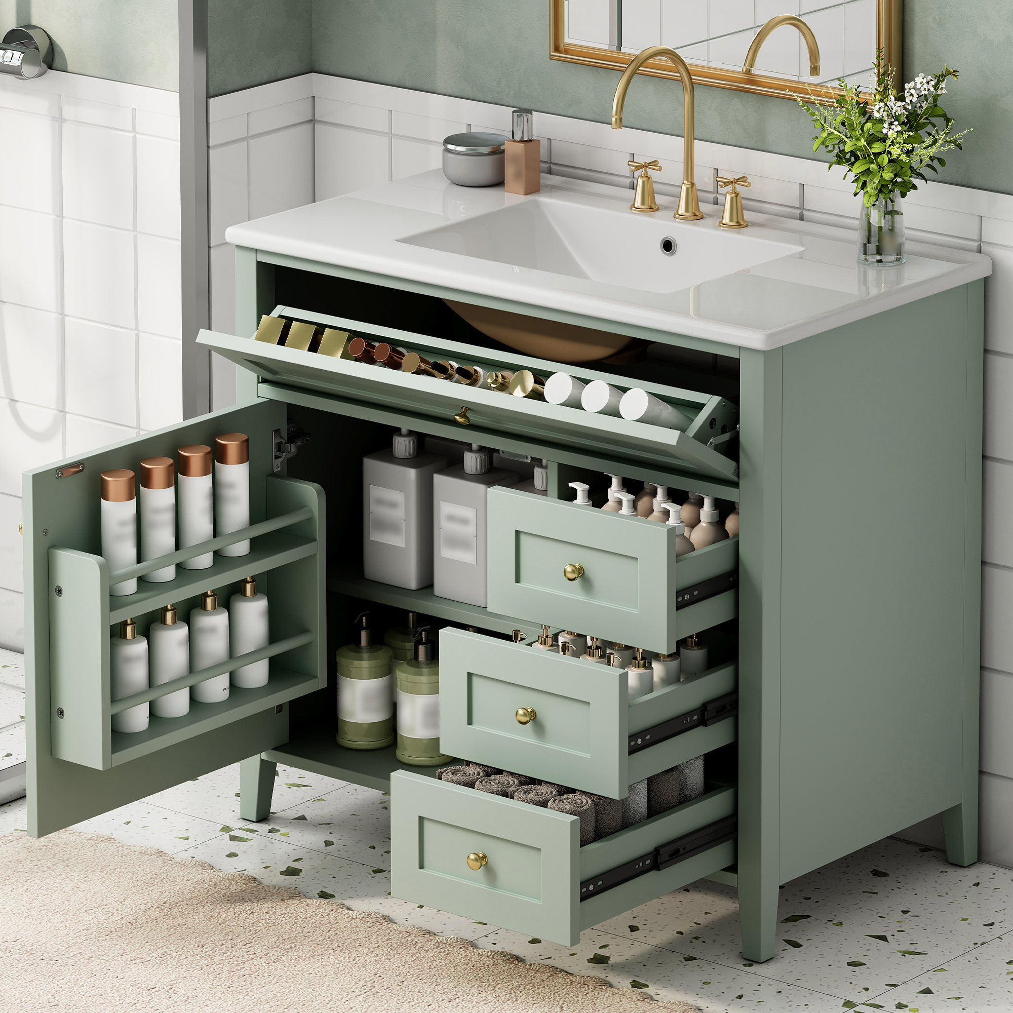 36-Inch Green Bathroom Vanity With Sink, Modern MDF And Rubberwood Cabinet With 3 Drawers And Adjustable Shelf, Freestanding Vanity For Bathroom Storage And Organization Left Door