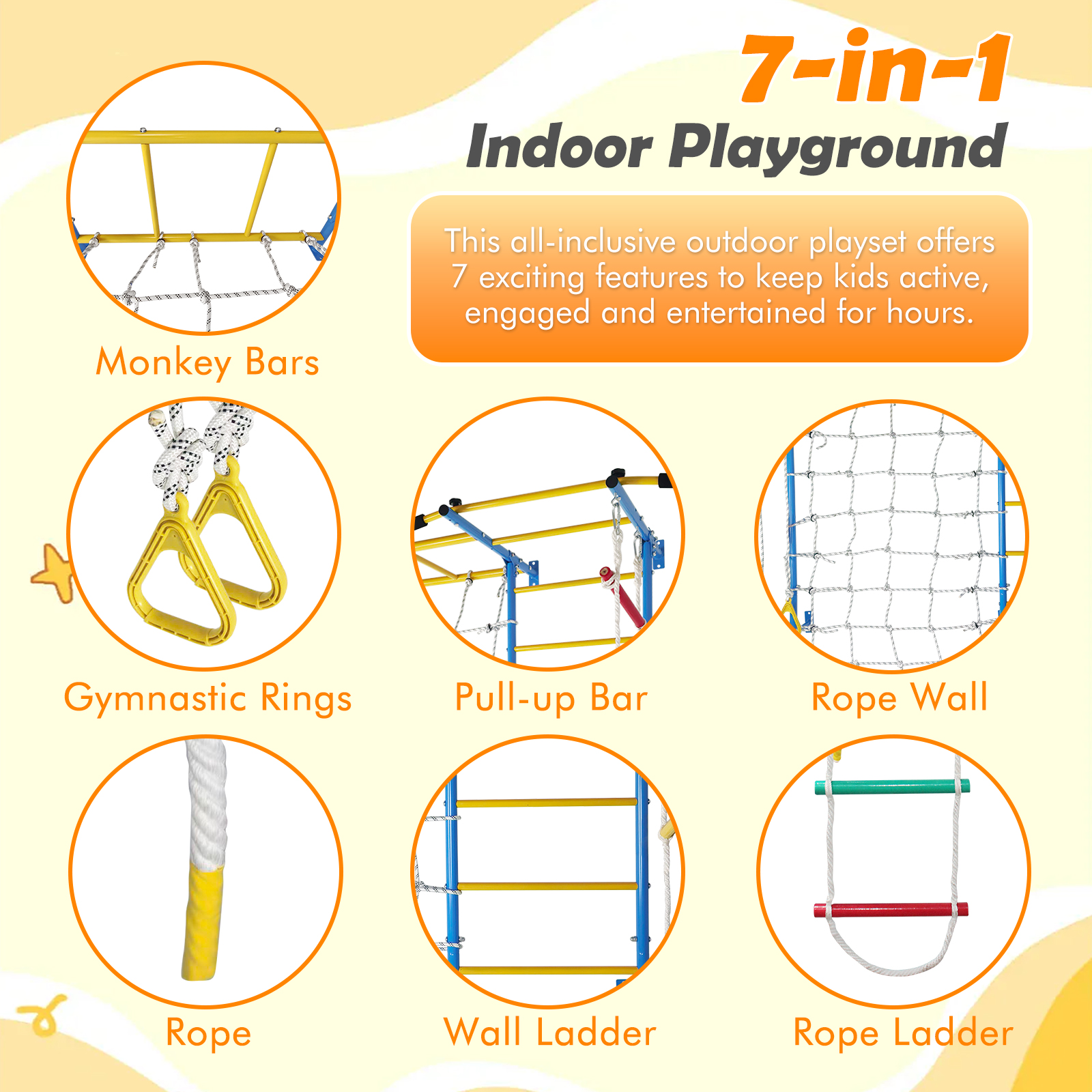 7 In 1 Indoor Playground Laddeer Wall Gym With Monkey Bars,Rope Ladder,Rope Wall, Pull-up Bar, Wall Ladder, Rope, And Gymnastic Rings 3