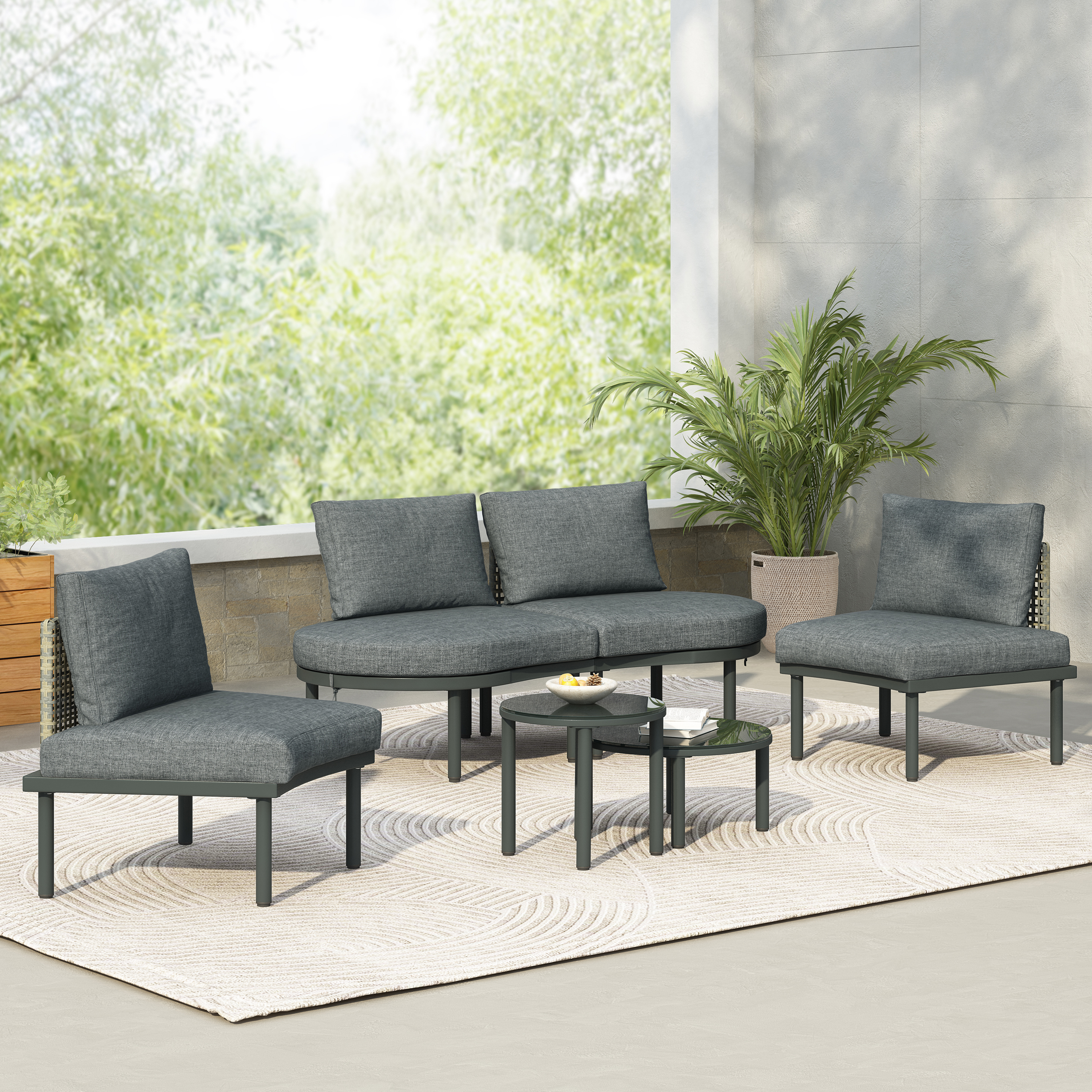 TOPMAX 6-Piece Patio Sofa Furniture Set, Half Moon Outdoor Sectional Sofa With 2 High-Low Coffee Tables, PE Wicker Rattan, Tempered Glass, 4 Pillows & Cushions, For Backyard, Garde