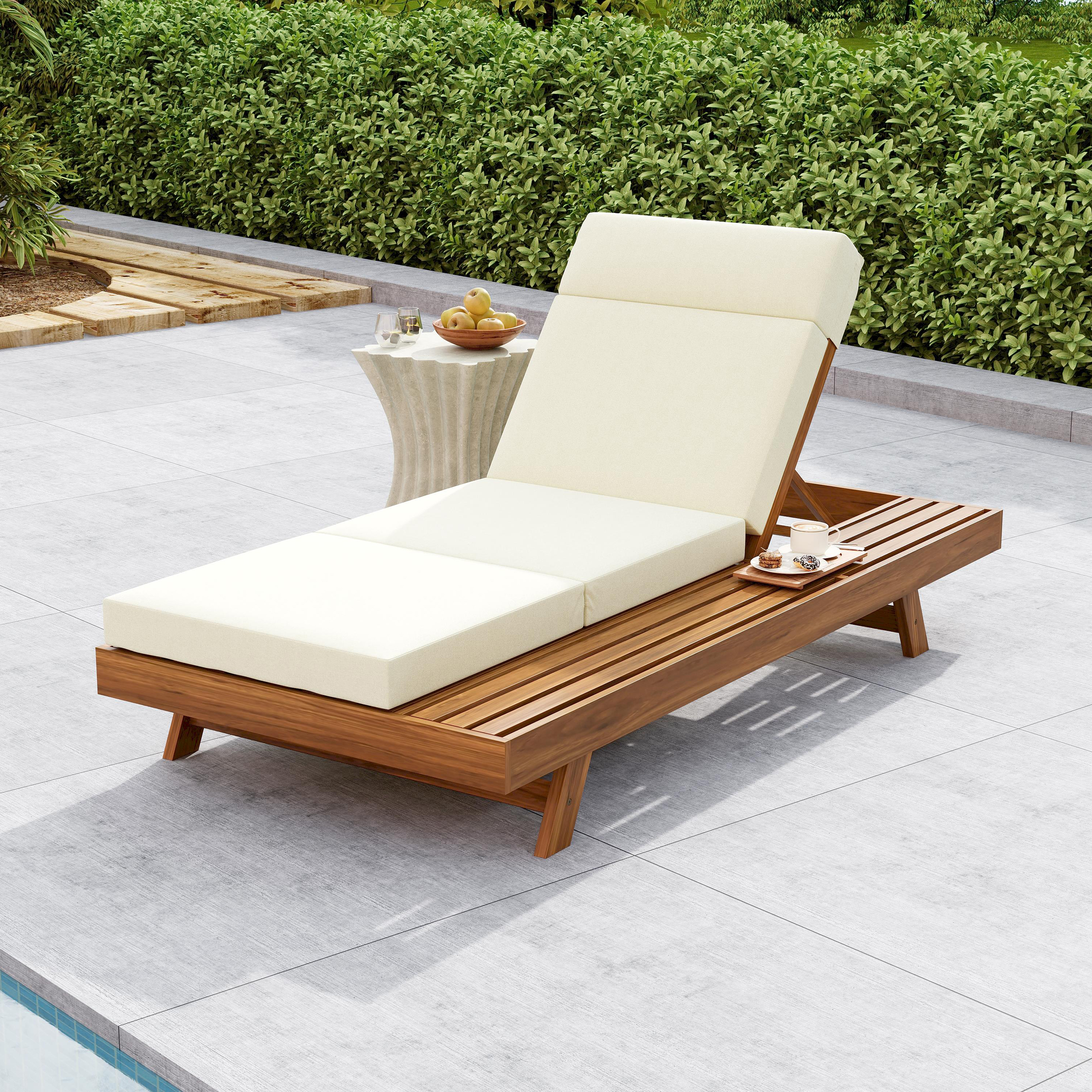 LOUNGE CHAISE SET WITH HEADREST, SPACE AVAILABLE ON ONE SIDE,ACACIA WOOD WITH WATER-RESISTANT LOUNGE CUSHIONS BEIGE & 3-FOLD & 4 Inch - MATCHING DARK GREY CREAM VERSION AVAILABLE