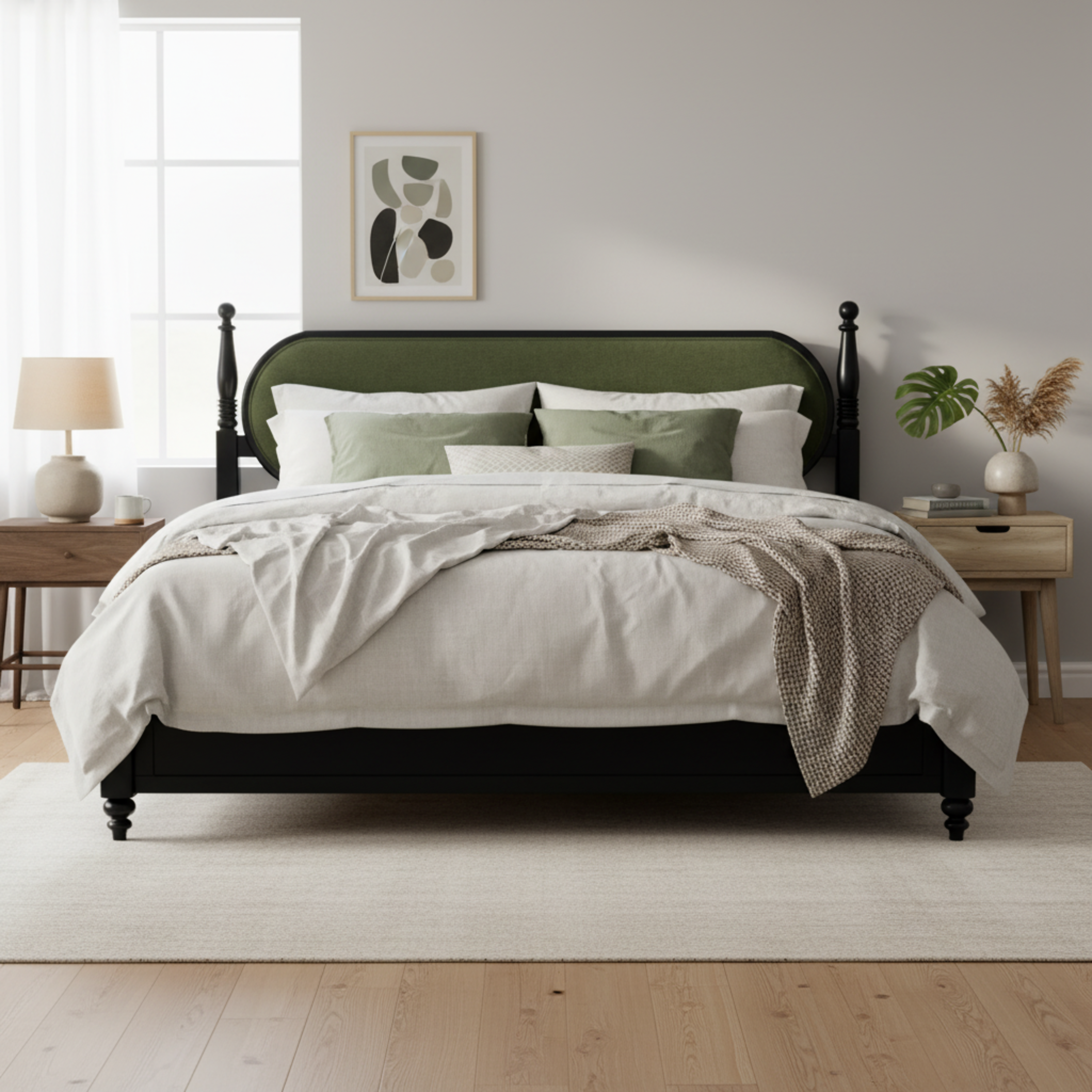 Queen Bed Frame, Solid Wood Platform With Slats, Green & Black Upholstered Headboard, Modern No Box Spring Needed
