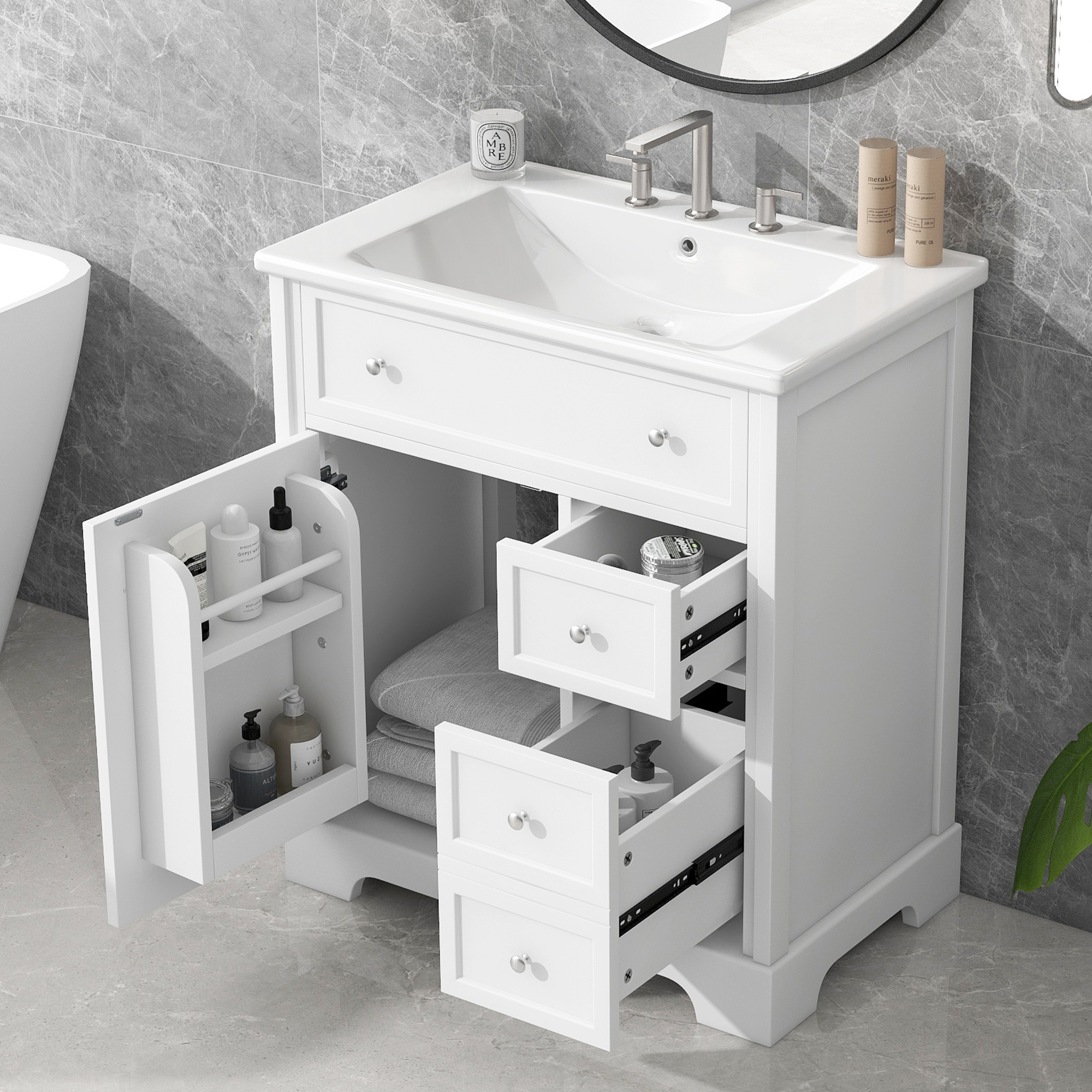 30 Bathroom Vanity With Sink Top, Bathroom Vanity Cabinet With Door And Two Drawers, MDF Boards, Solid Wood, One Package, White Old Sku N725P198484K