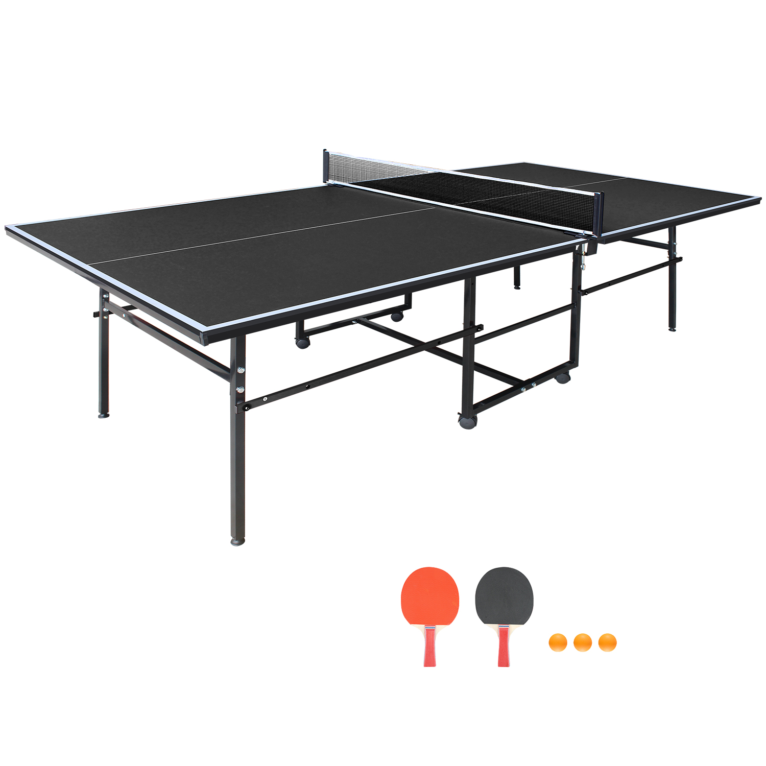 9x4.1ft Black Mid-Size Table Tennis Table Foldable & Portable Ping Pong Table Set For Indoor Games With Net, 2 Table Tennis Paddles And 3 Balls
