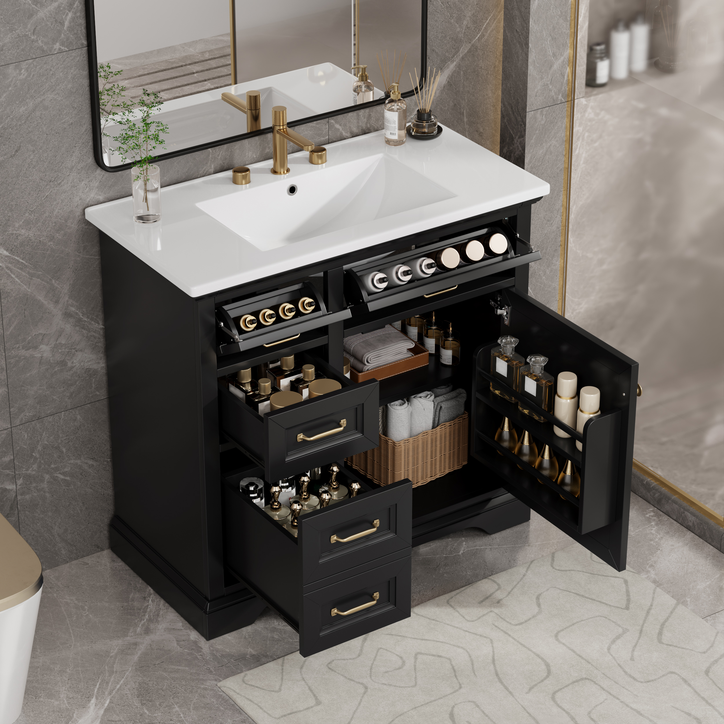 36-Inch Bathroom Vanity With Ceramic Sink Top, 4 Drawers And 1 Soft-Close Door, Freestanding Storage Cabinet With Metal Handles, Pre-Drilled For 8-Inch Faucet, Black Finish