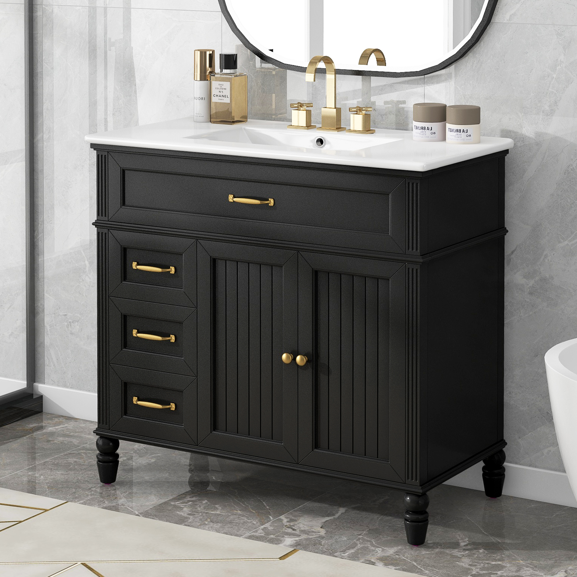 36 Bathroom Vanity With Sink, Bathroom Cabinet With Drawers, Solid Frame And MDF Board, One Package, Black Same SKU N725P195410B