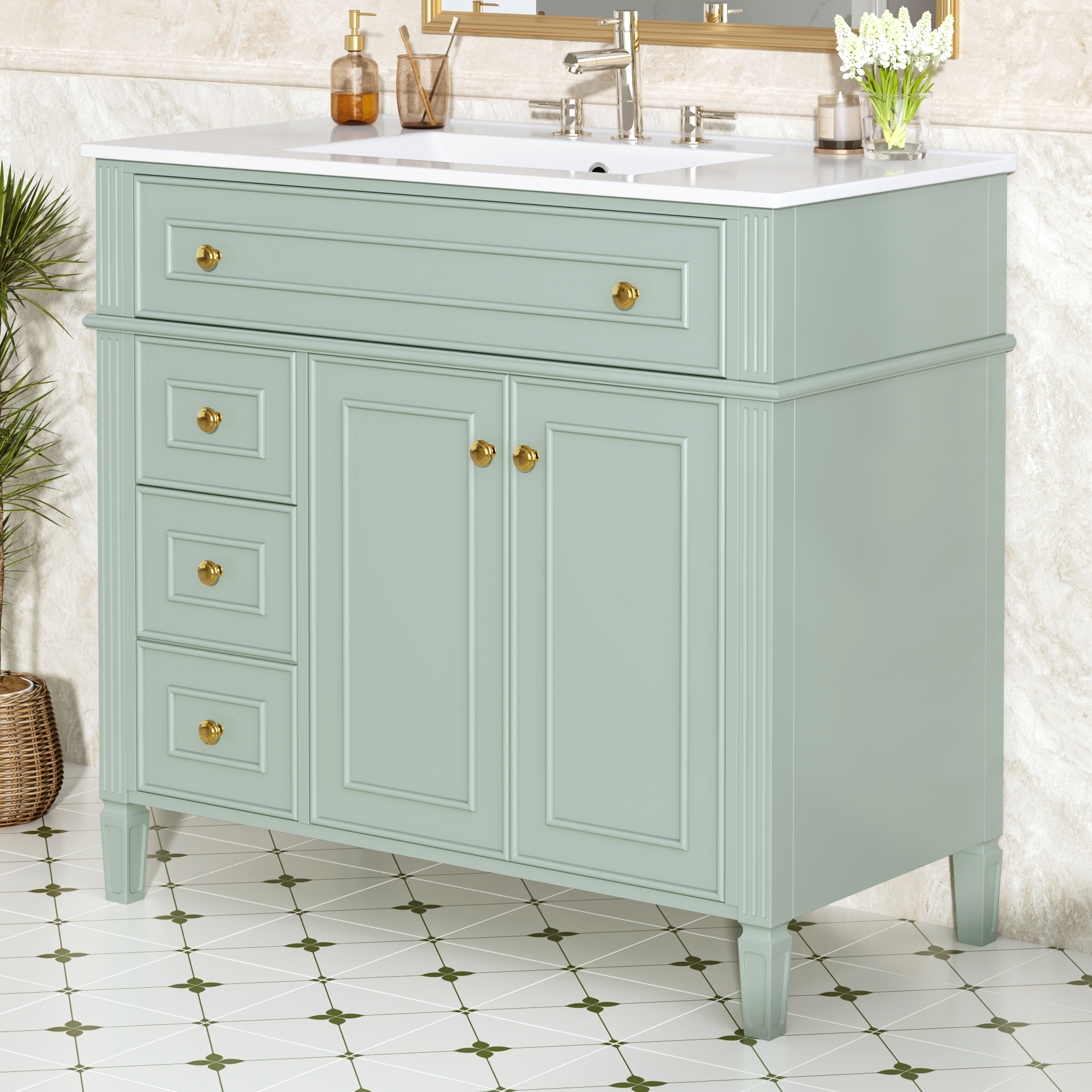 36 Inch Bathroom Vanity With Sink, Green Solid Wood Cabinet With Flip-Out Drawer, 3 Drawers And 2 Soft-Close Doors, Gold Handles & Modern Design, Two Packages Old SKU N725P366468G