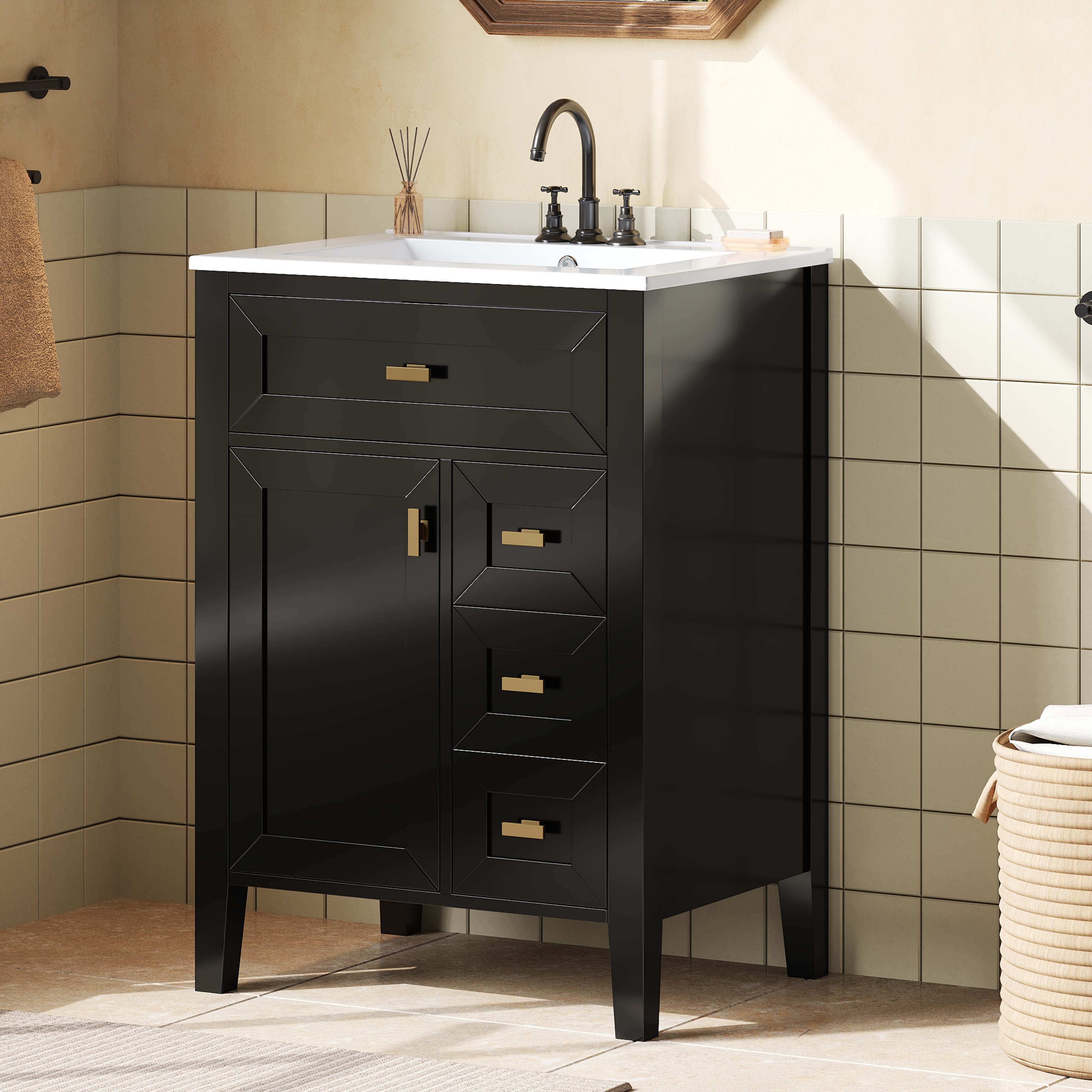 24'' Black Bathroom Vanity With Sink, MDF & Rubberwood Construction, 3 Drawers & Cabinet With 2-Tier Door Storage Rack, Soft-Close Door & Drawers, Modern Design For Small To Medium