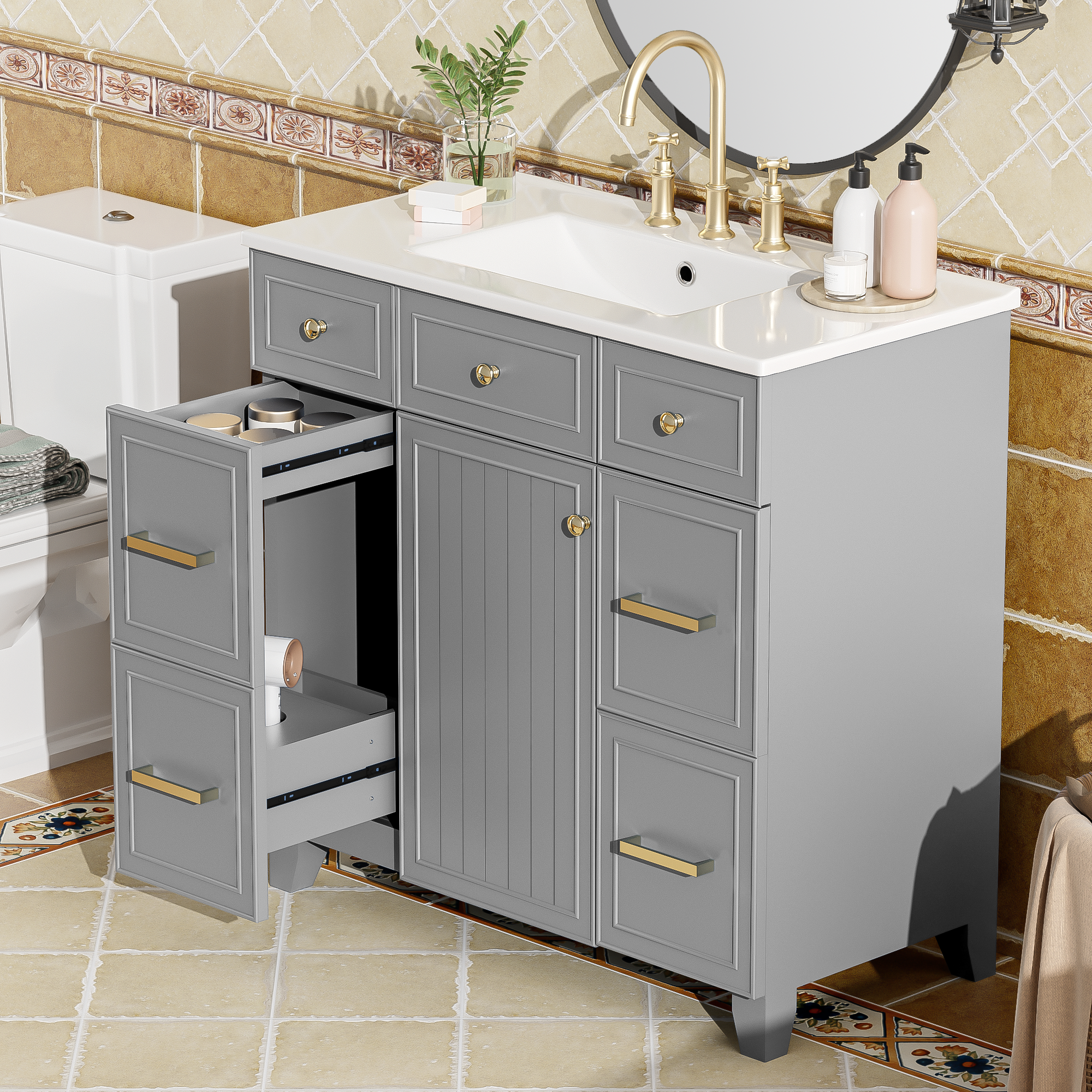36  Bathroom Vanity With Ceramic Sink, Grey, Solid Wood Frame, Soft Close Doors, Adjustable Shelves, 3 Drawers, Including Double-Depth Drawer For Hairdryer Storage Old Sku SV000003AAL-1