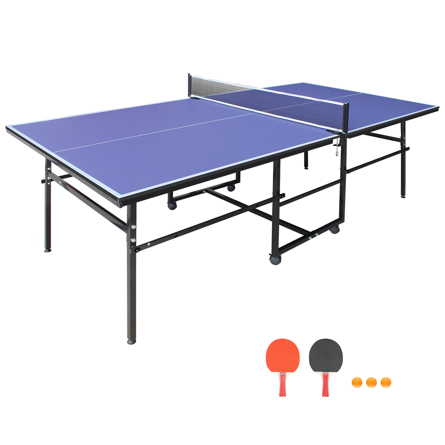 8.5x4. 3ft Blue Mid-Size Table Tennis Table Foldable & Portable Ping Pong Table Set For Indoor Games With Net, 2 Table Tennis Paddles And 3 Balls