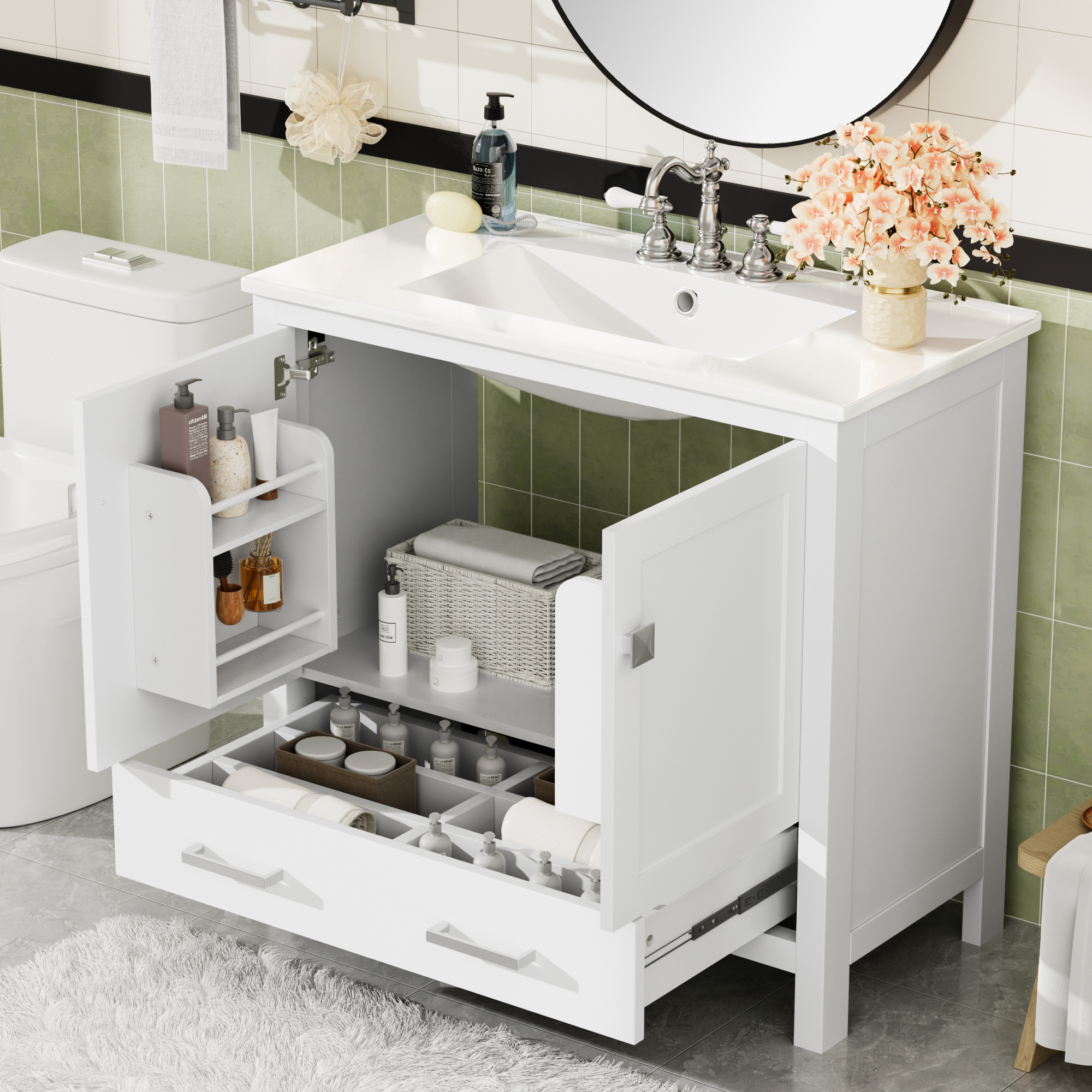 36  White Bathroom Vanity With Ceramic Sink, Soft-Close Doors, Double Storage Shelves & Divided Drawer  Modern Bathroom Cabinet With Ample Storage