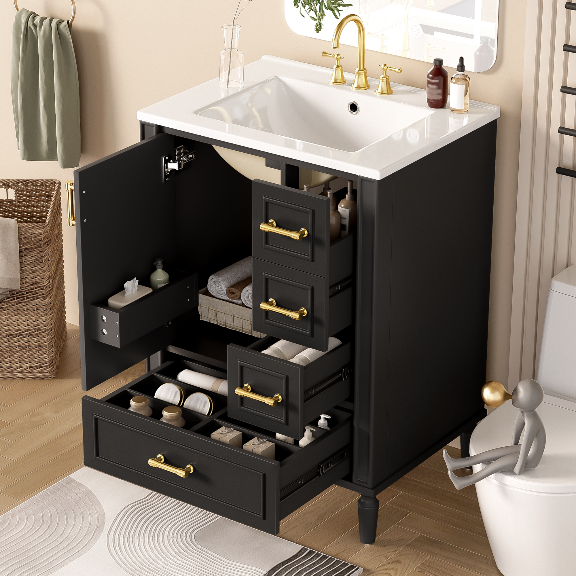 24 Modern Bathroom Vanity With Ceramic Sink, Soft-Close Door, 3 Drawers, Gold Handles, And Door-Mounted Rack For Space-Saving Storage