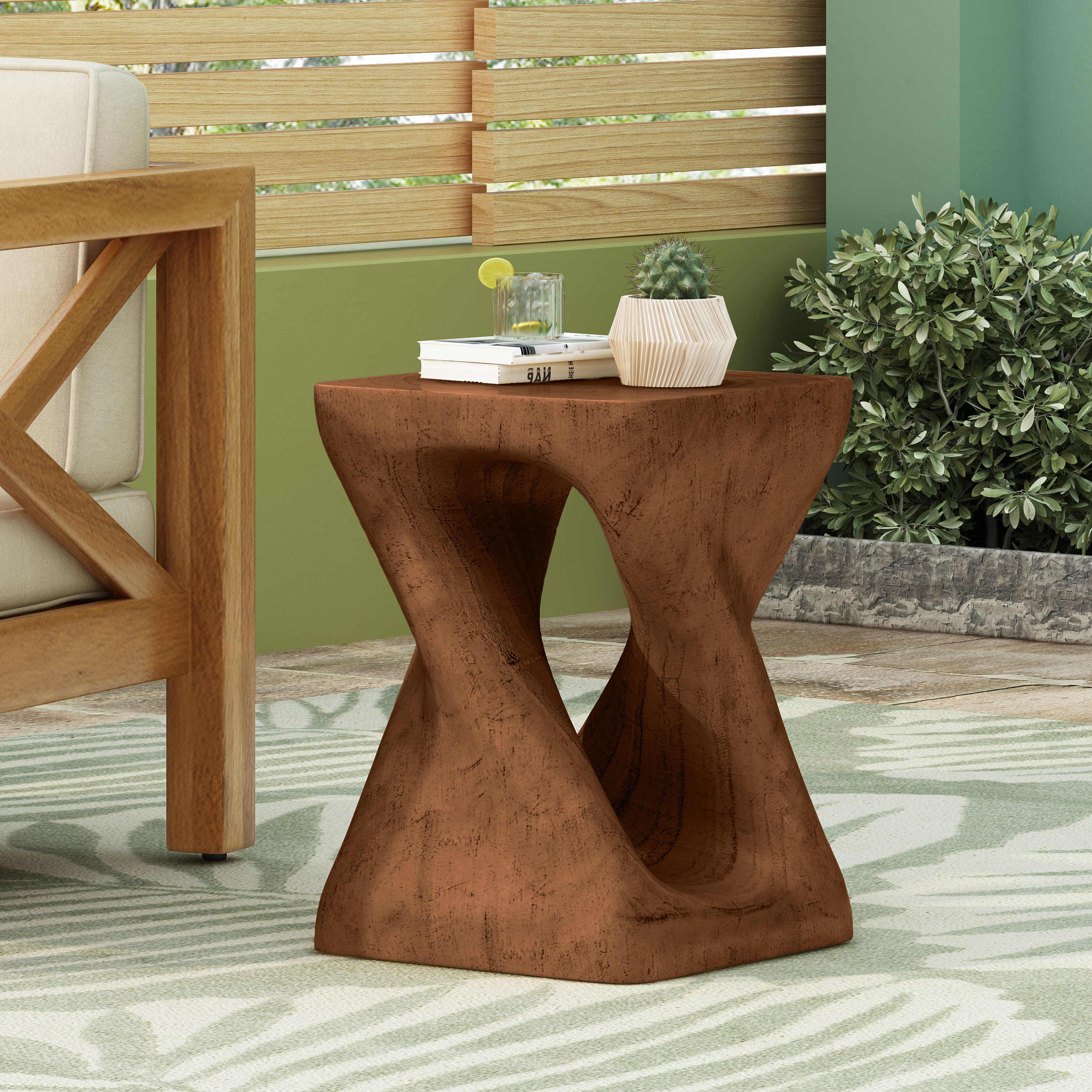 MGO Twist Shape Side Table, Wood Like Texture, Antique Brown Color