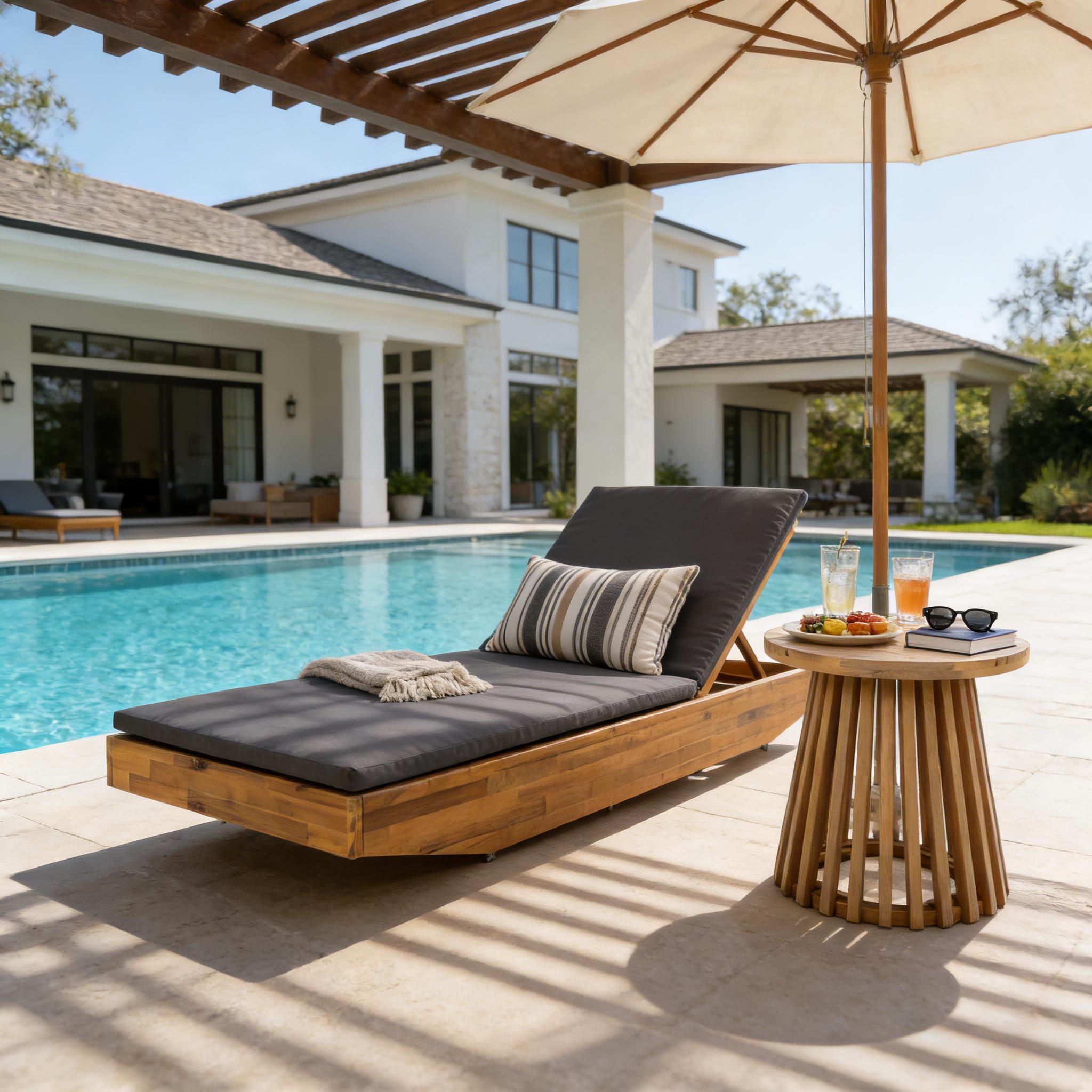 Acacia Wood Chaise Lounge With 2-Fold Thin Cushion - Teak Finish Outdoor Recliner With Dark Grey Water-Repellent Cushion, 79.6 L X 29 W, 300 Lbs