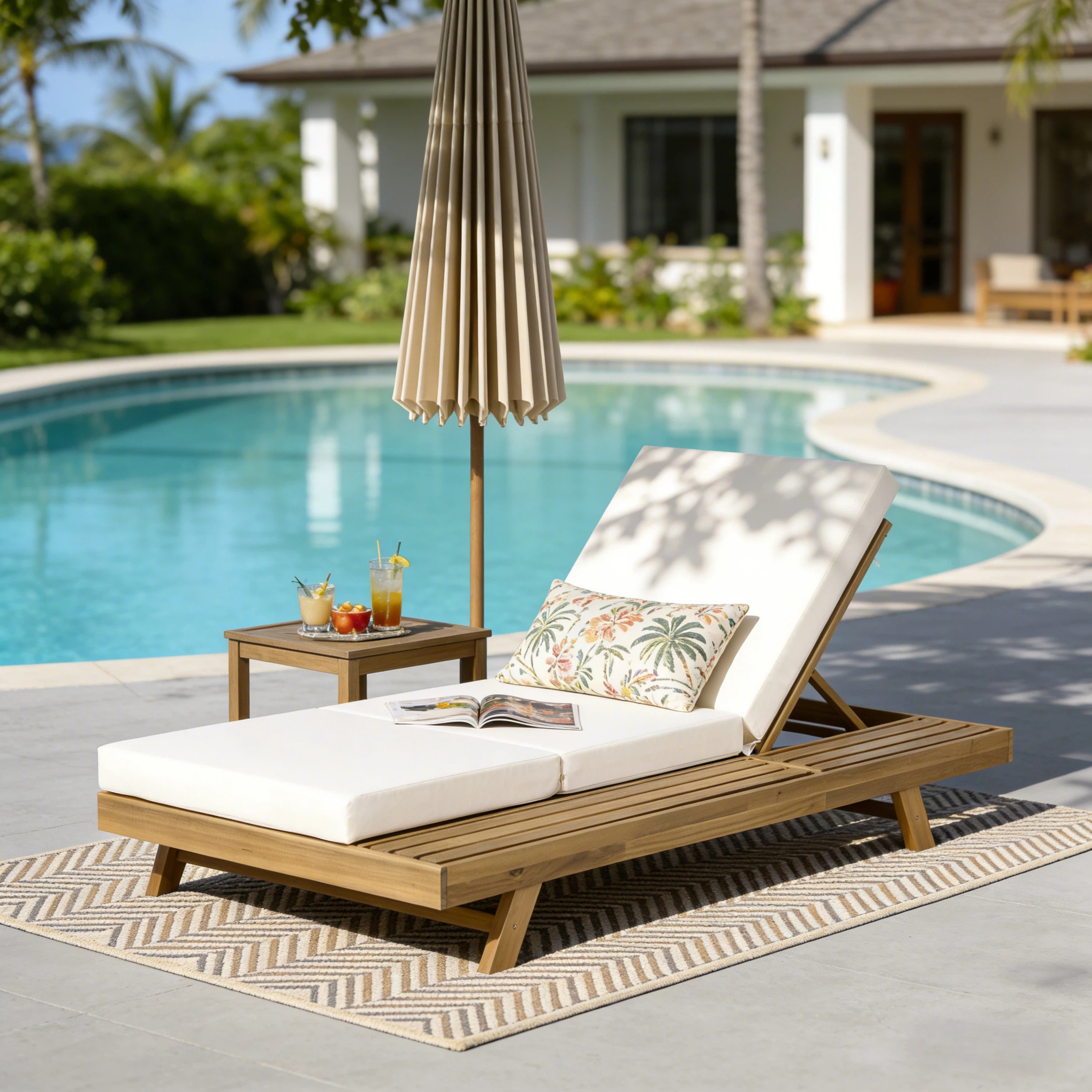 Lounge Chaise Set, Space Available On One Side, Acacia Solid Wood In Light Brown With Lounge Cushion Cream & Triple Fold -Matching Dark Grey Version Available