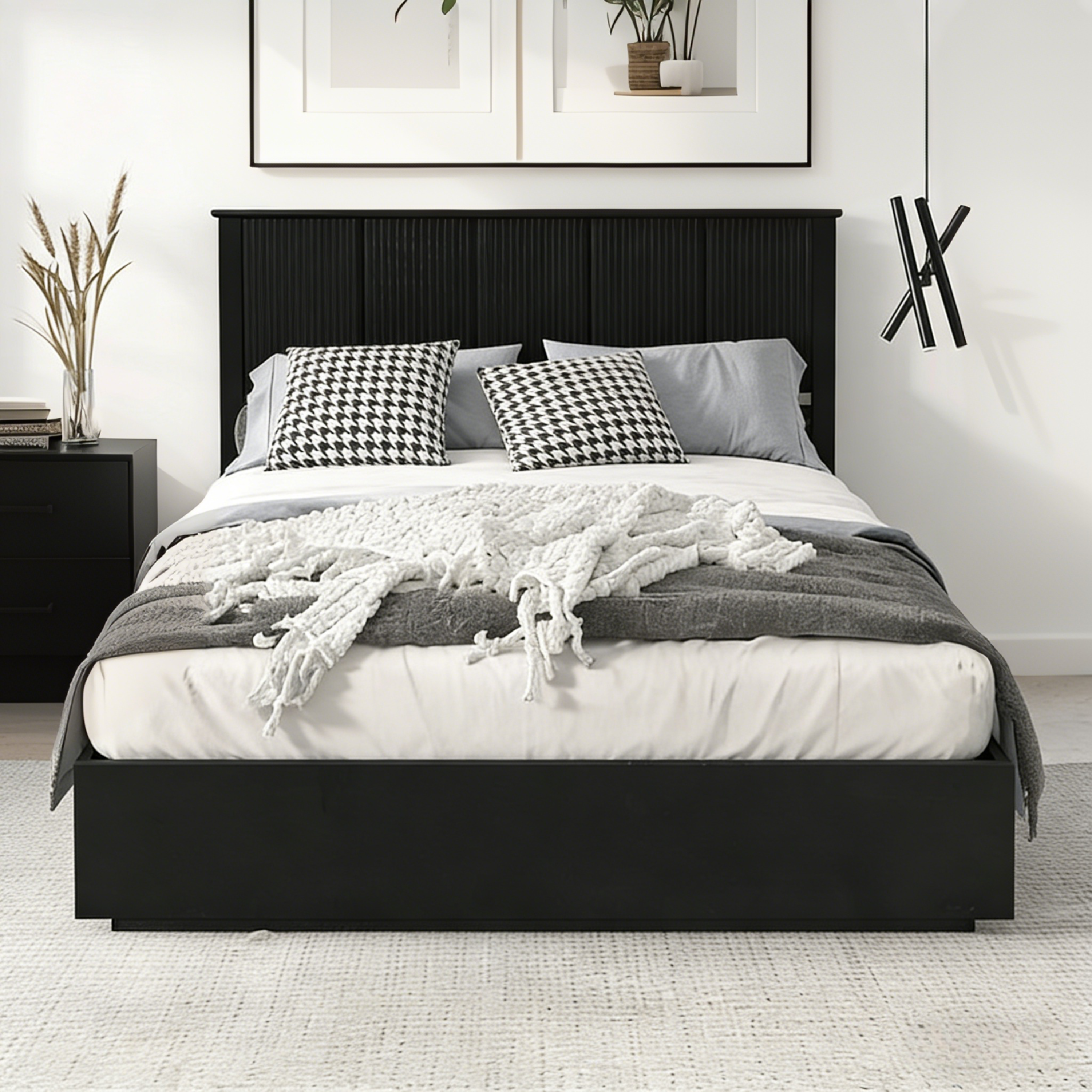 Stylish Queen Size Bed Frame - Black Solid Wood King Bed, 600lbs Weight Limit, Compatible With 8 - 10 Mattress, Contemporary Bedroom Furniture