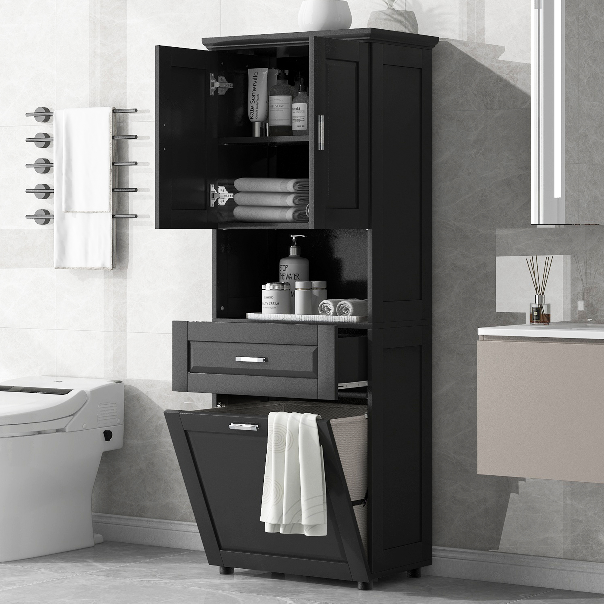 Tall Bathroom Cabinet With Laundry Basket, Large Storage Space Tilt-Out Laundry Hamper And Upper Storage Cabinet, Black