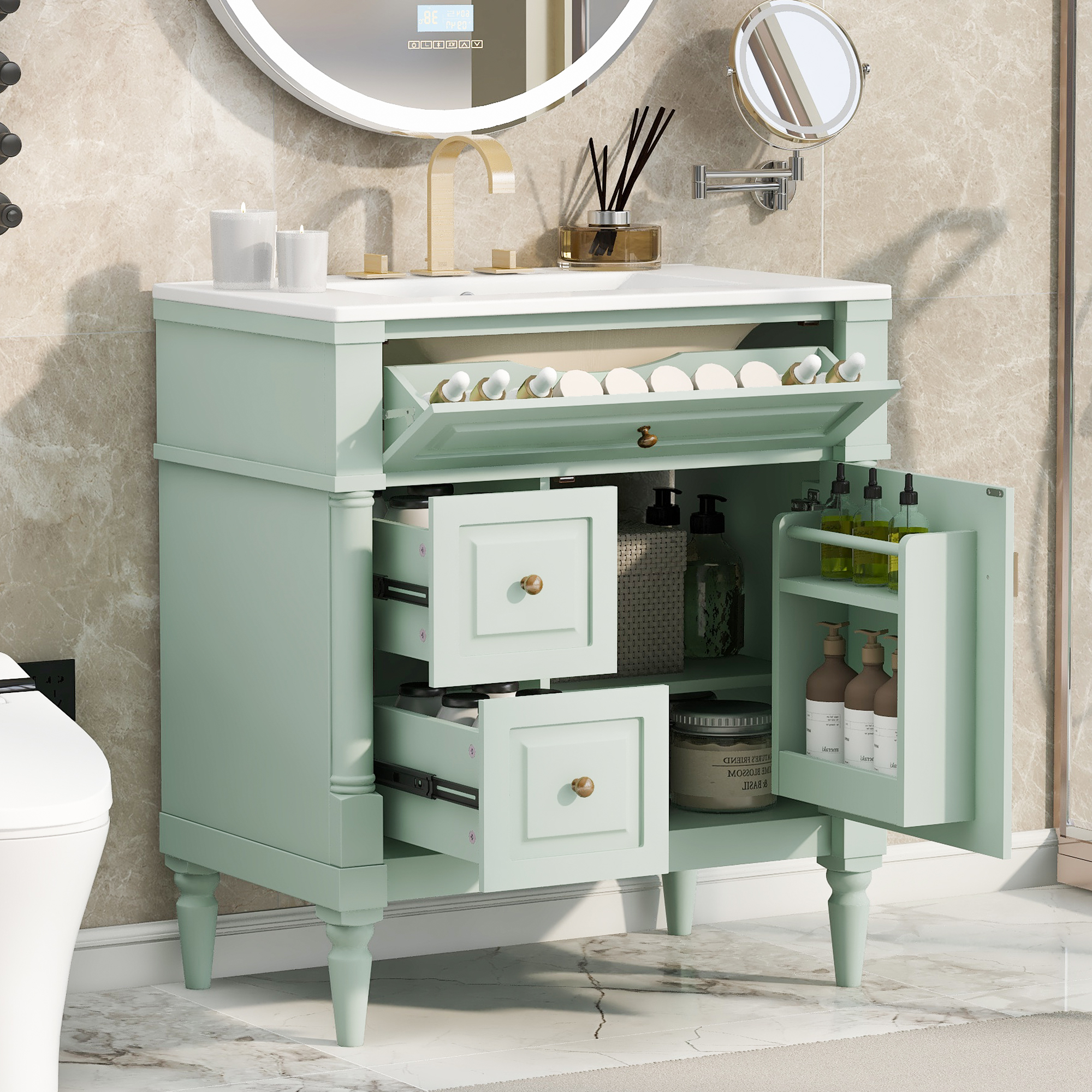 30  Bathroom Vanity With Sink, Green Freestanding Bathroom Cabinet With Flip Drawer & Adjustable Shelf, Solid Rubberwood Frame, MDF Panels & Metal Handles