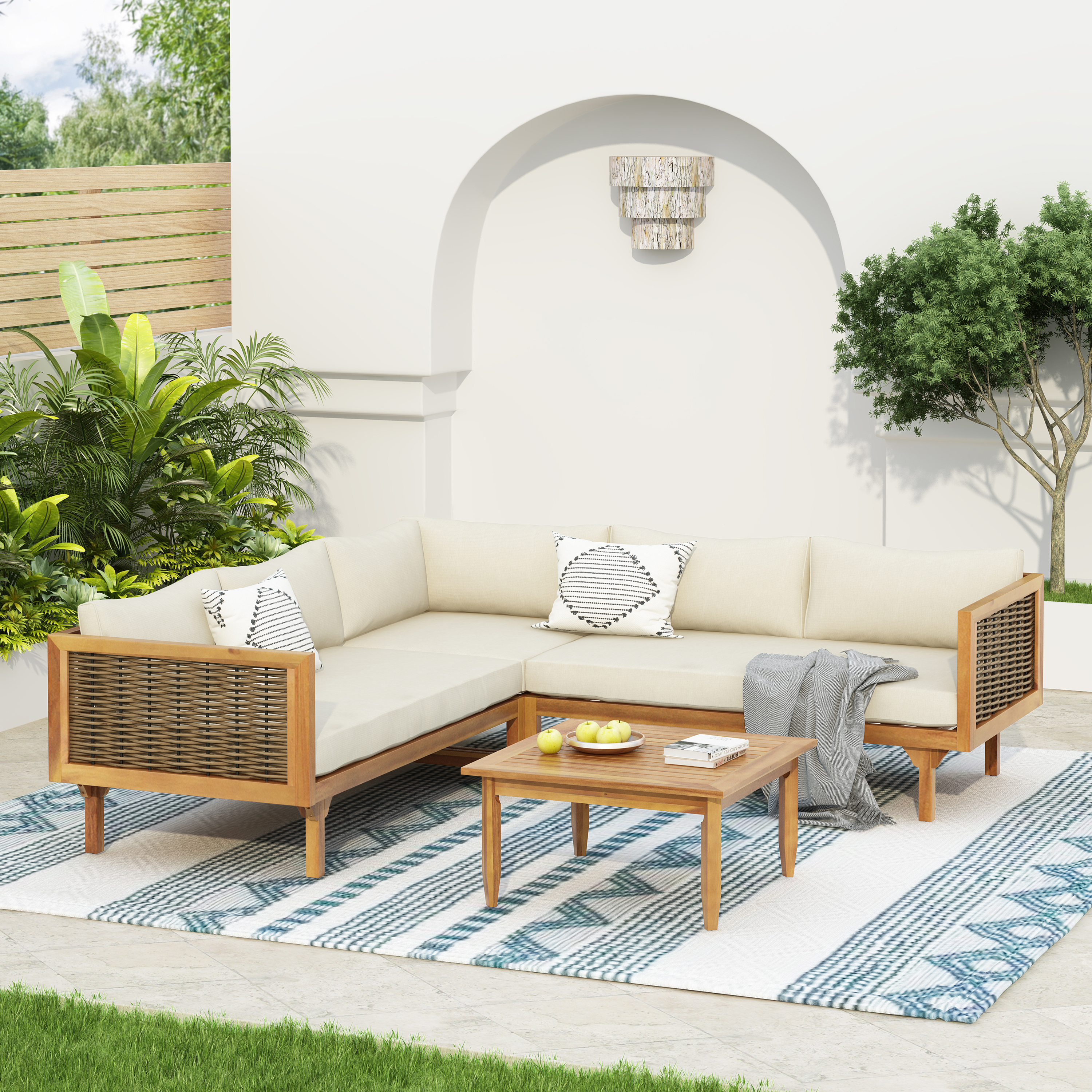 SECTIONAL SEATING GROUP WITH WATERPROOF CUSHIONS - PREMIUM OUTDOOR SOFA SET BEIGE CUSHION