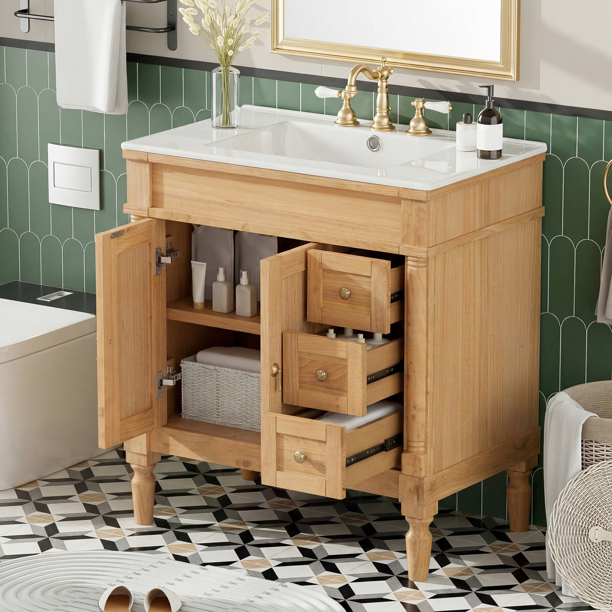 30-Inch Modern Bathroom Vanity, Solid Wood Frame MDF, 2 Doors 3 Drawers, Soft-Close Design, U-Shaped Adjustable Shelf, Ceramic Sink, Bathroom Storage Cabinet Set, Modern Elegant Design