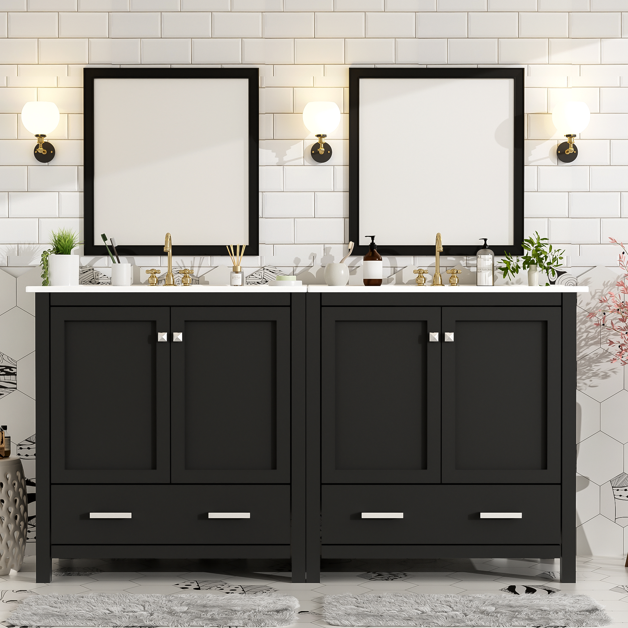 60  Black Bathroom Vanity Set With Double Vanities  Separate , Double Ceramic Sinks, Storage Shelf, And Divided Drawers   Mirror Not Included  Modern Bathroom Solution For Spacious Bathrooms