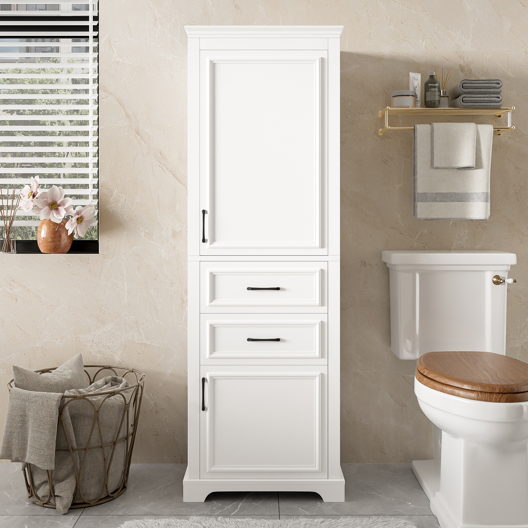71-inch Tall Freestanding Bathroom Vanity With Damping-hinge Doors And Drawers, Featuring A Modern Elegant Design. Includes Adjustable Shelves, A Fixed Shelf, And Space-saving Storage.