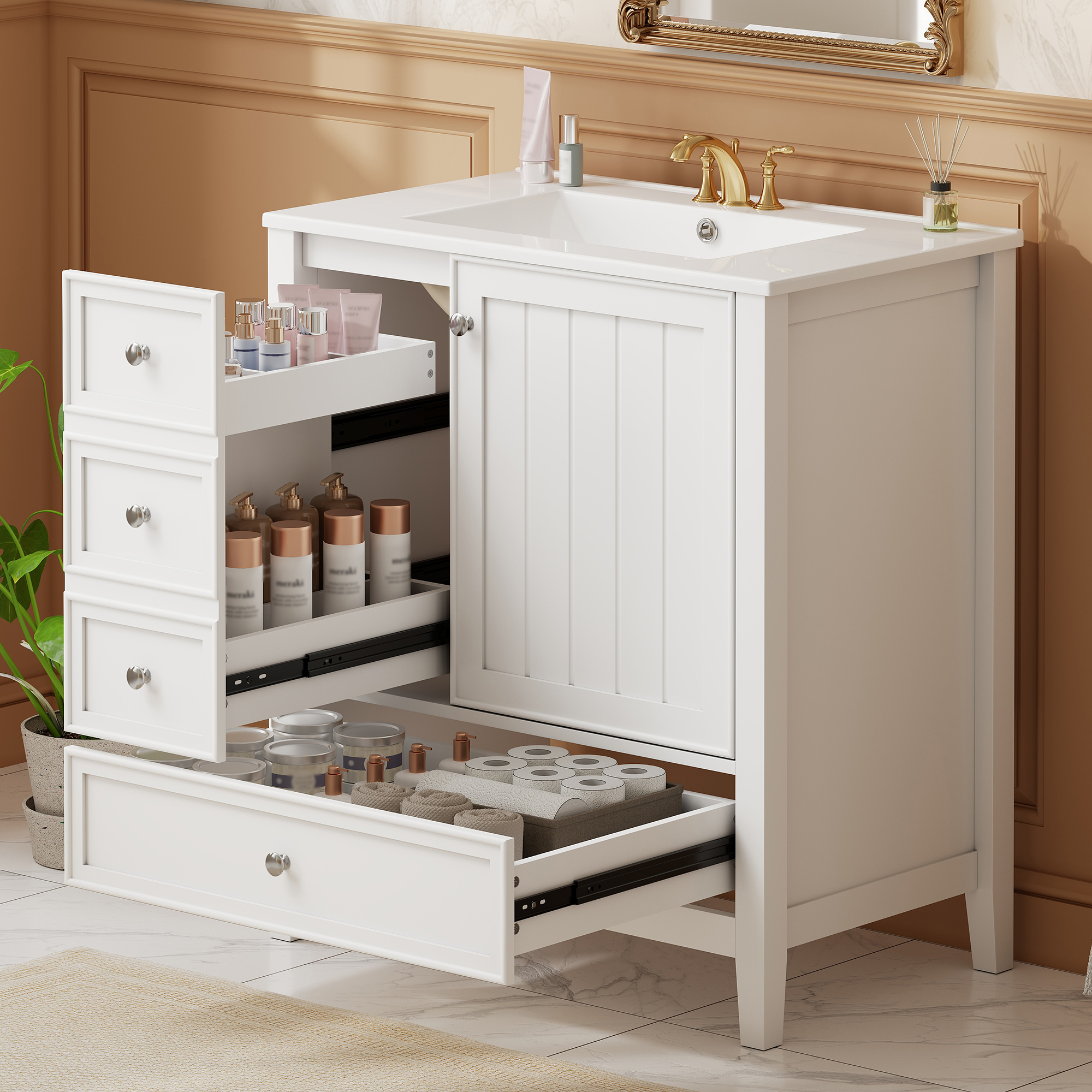 30 Bathroom Vanity With Sink, One Cabinet And Three Drawers, Solid Wood And MDF Board, White
