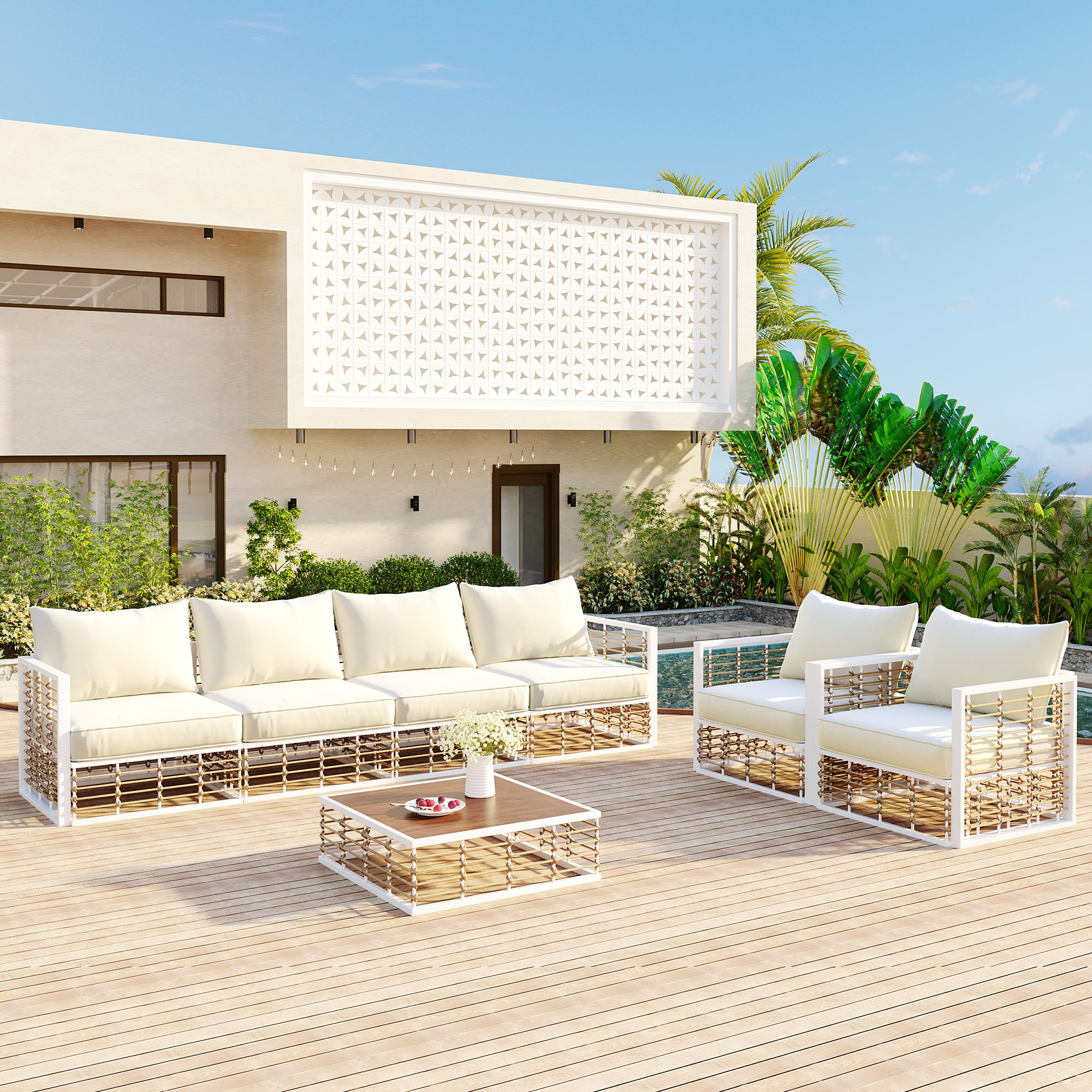 TOPMAX Modern Minimalist 7-Piece Metal Patio Sectional Sofa Set, All-Weather Garden Conversational Furniture Set With Thick Cushions And Coffee Table For Indoor Outdoor, White