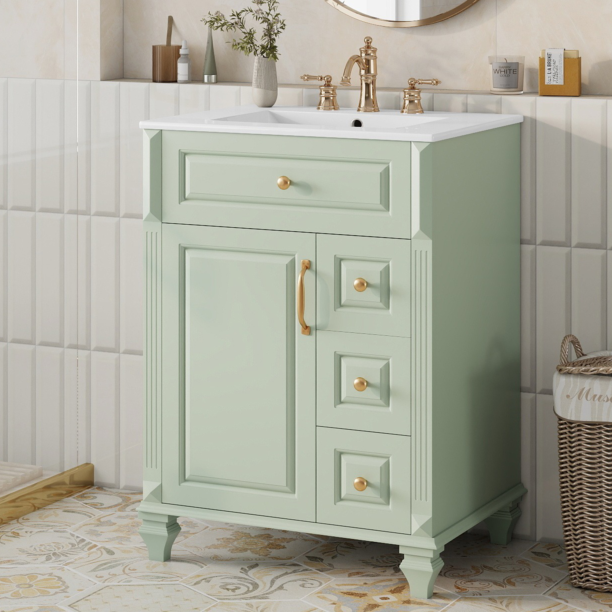 24 Inch Bathroom Vanity With Sink, Green Freestanding Vanity Cabinet With Flip-Out Drawer, 3 Drawers & Storage Cabinet, Solid Wood & MDF, Ceramic Sink Top
