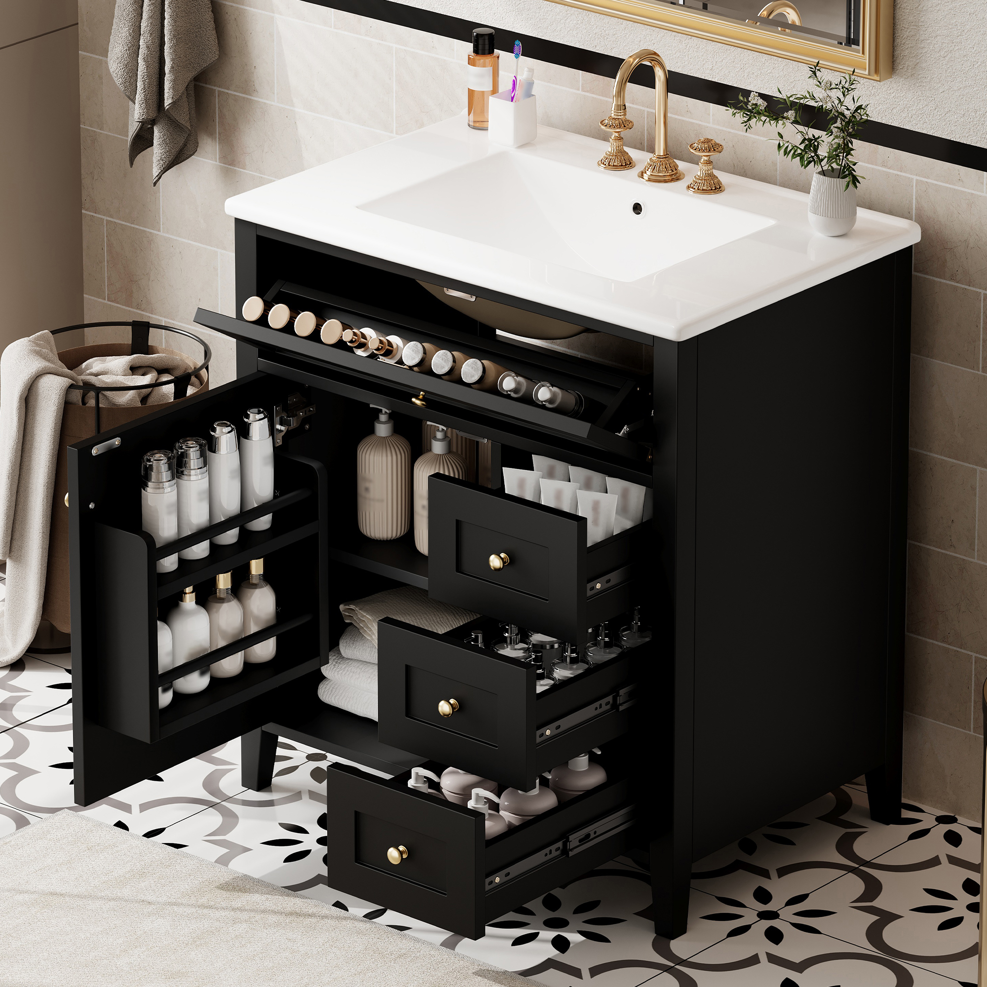 30-Inch Black Bathroom Vanity With Sink, Modern MDF And Rubberwood Cabinet With 3 Drawers And Adjustable Shelf, Freestanding Vanity For Bathroom Storage And Organization Left Door