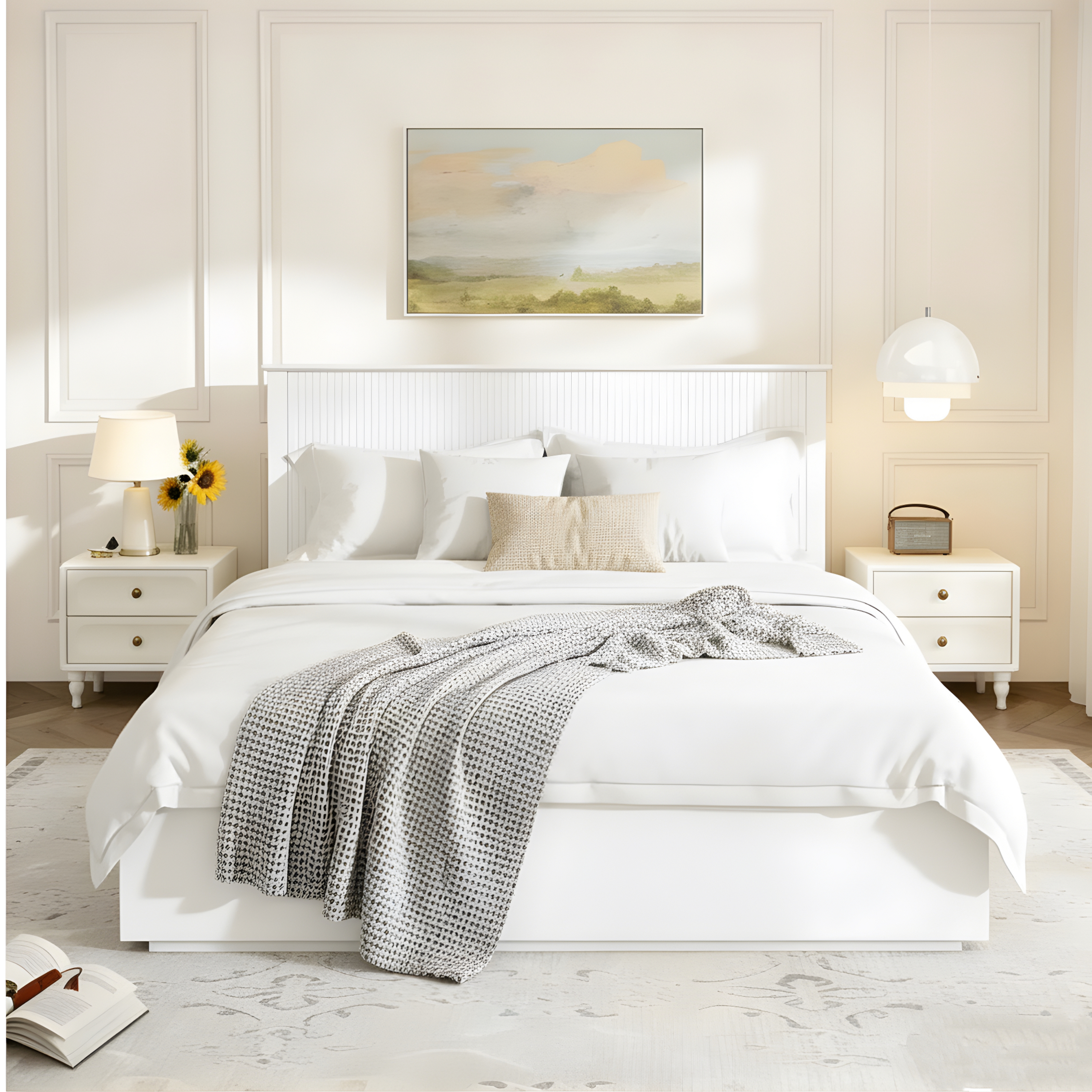 Stylish Queen Size Bed Frame - White Solid Wood King Bed, 600lbs Weight Limit, Compatible With 8 - 10 Mattress, Contemporary Bedroom Furniture