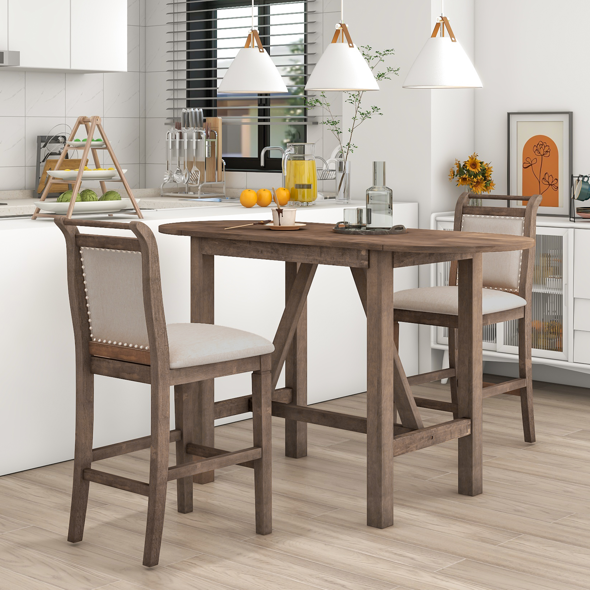 TOPMAX 3-Piece Wood Counter Height Drop Leaf Dining Table Set With 2 Upholstered Dining Chairs For Small Place, Brown