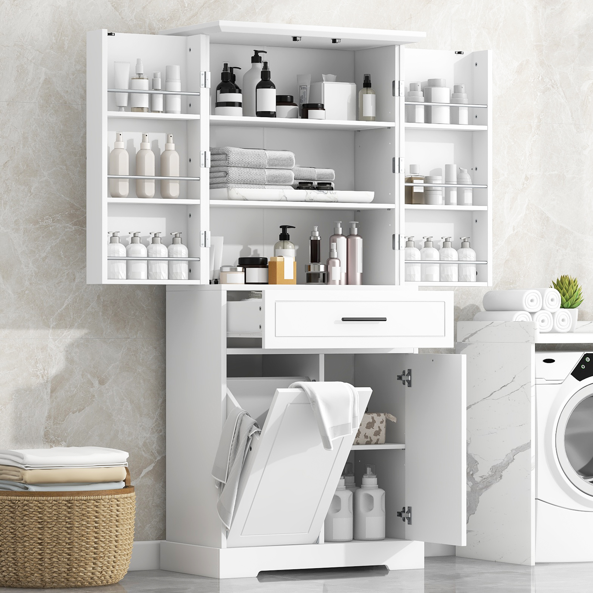 Freestanding Bathroom Storage Cabinet With Doors & Drawers, Tilt-Out Laundry Hamper, Adjustable Shelf, Multiple Storage Spaces, Two Packages, White Old SKU N725P262025K N725P352454K