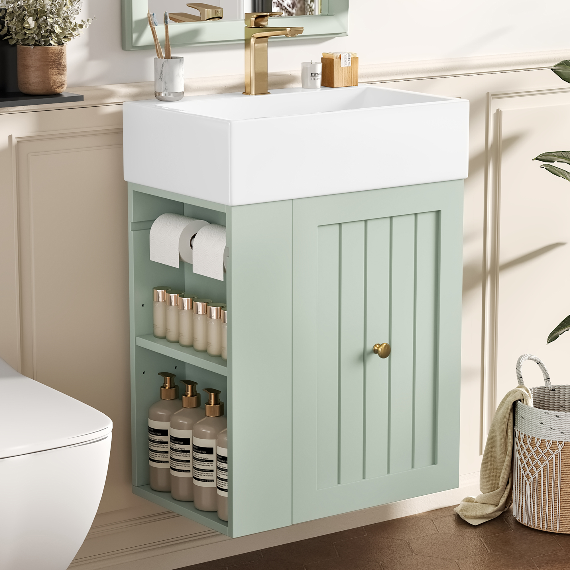 20-Inch Bathroom Vanity With Ceramic Sink, MDF Storage Cabinet With Drawer, Side Shelf & Golden Handle -Space-Saving Modern Vanity For Small Bathrooms