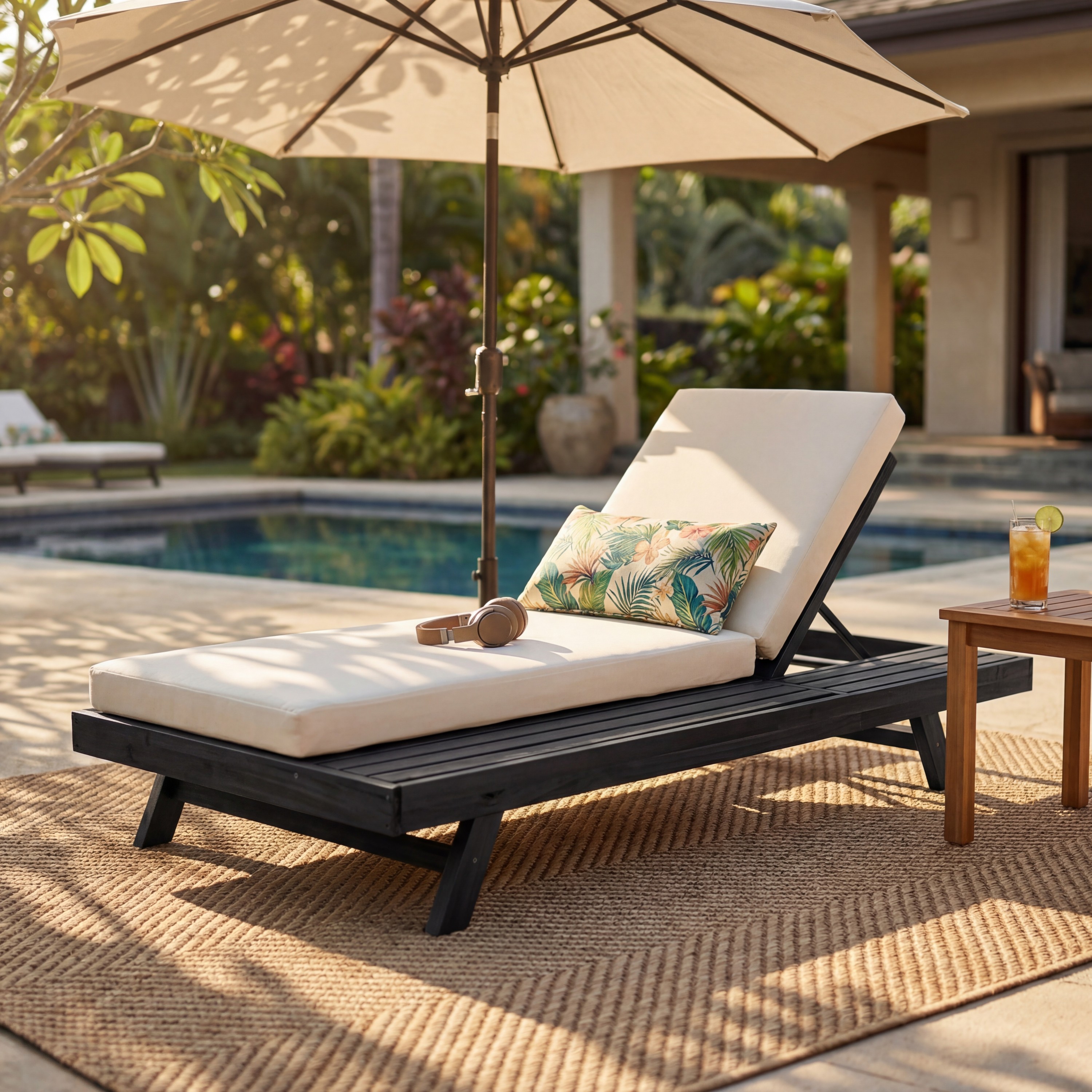 Lounge Chaise Set, Space Available On One Side, Acacia Wood In Black With Water-Resistant Lounge Cushions Cream & 4 Inch Thick -Matching Dark Grey Version Available