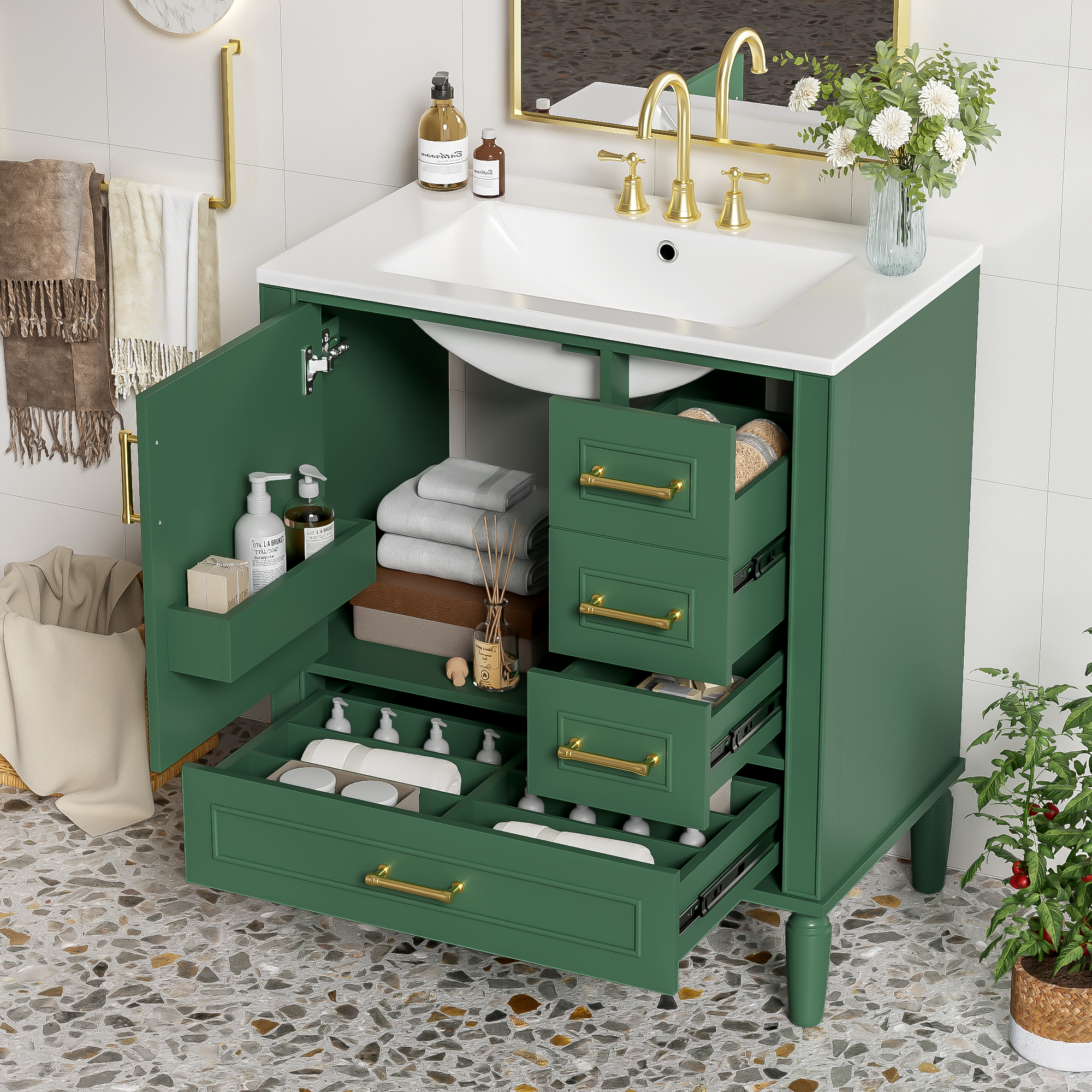 Traditional 30 Green Bathroom Vanity Set, Floor Standing, With Three Drawers, Soft Close Doors, With Long Gold Metal Handles - Perfect For Small Bathrooms