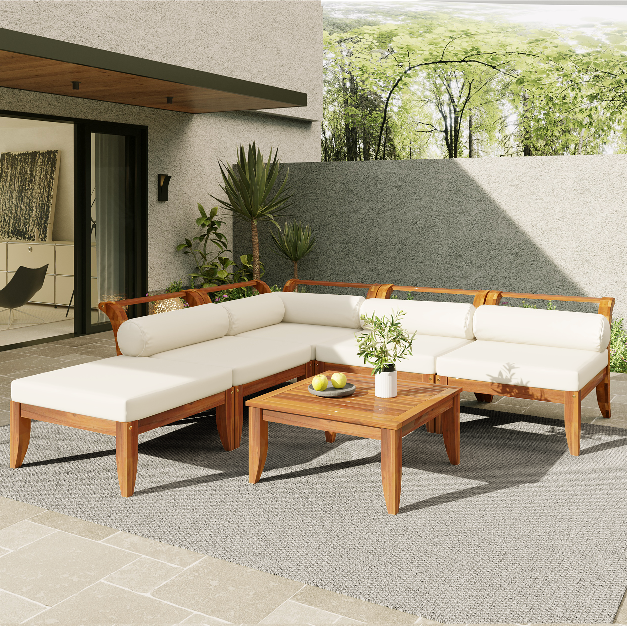 TOPMAX 6 Piece Patio Sofa Set, Acacia Wood Outdoor Modular Sectional Garden Furniture Set L-Shaped Conversation Set, Convertible Daybed With Tea Table, Ottoman, 5 Cushions And Pillows, Teak Beige