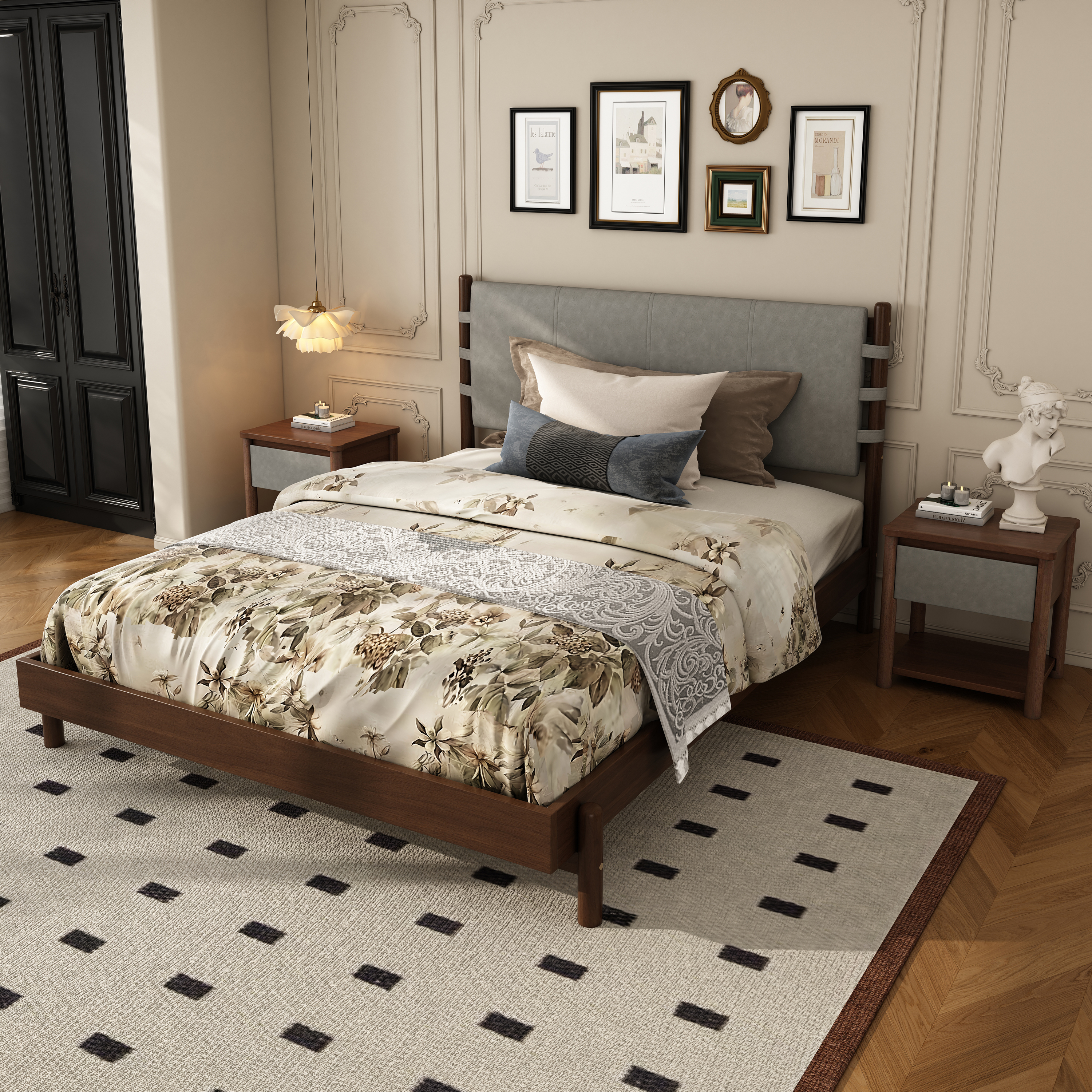 Modern Queen Bed Frame Set With 2 Nightstands, Light Gray Wood Platform Bed With Headboard And Matching Bedside Tables For Bedroom
