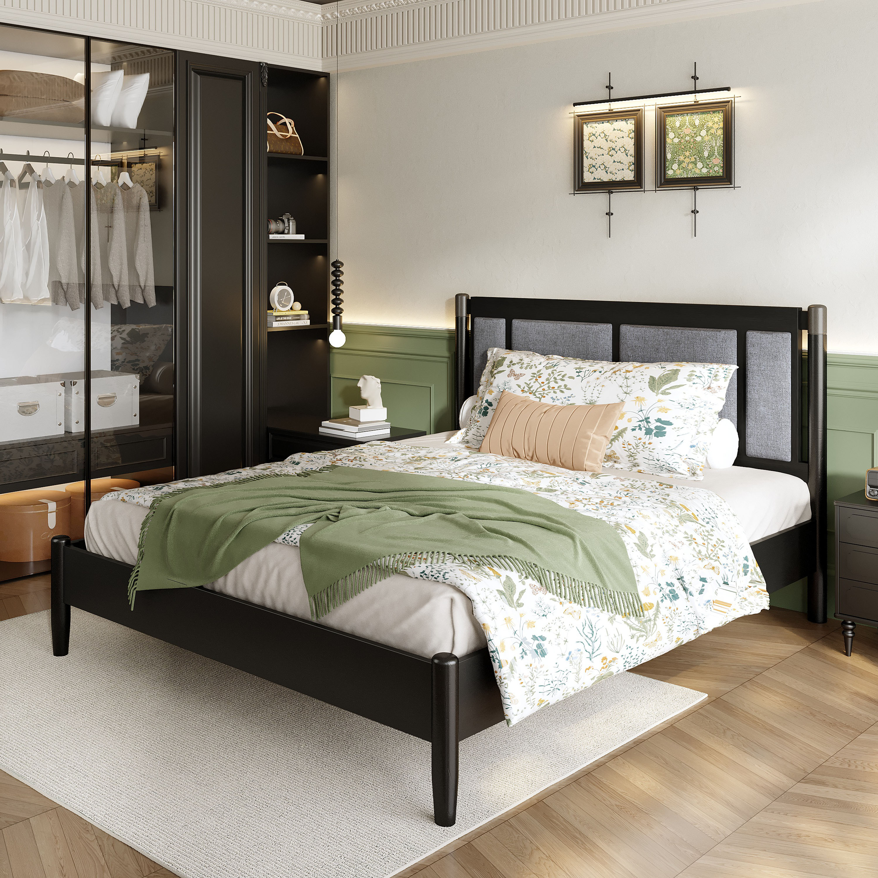 Solid Wood Queen Bed, Heavy Duty 500 Lbs Support, No Box Spring Needed, Black Upholstered Headboard With Metal Handles