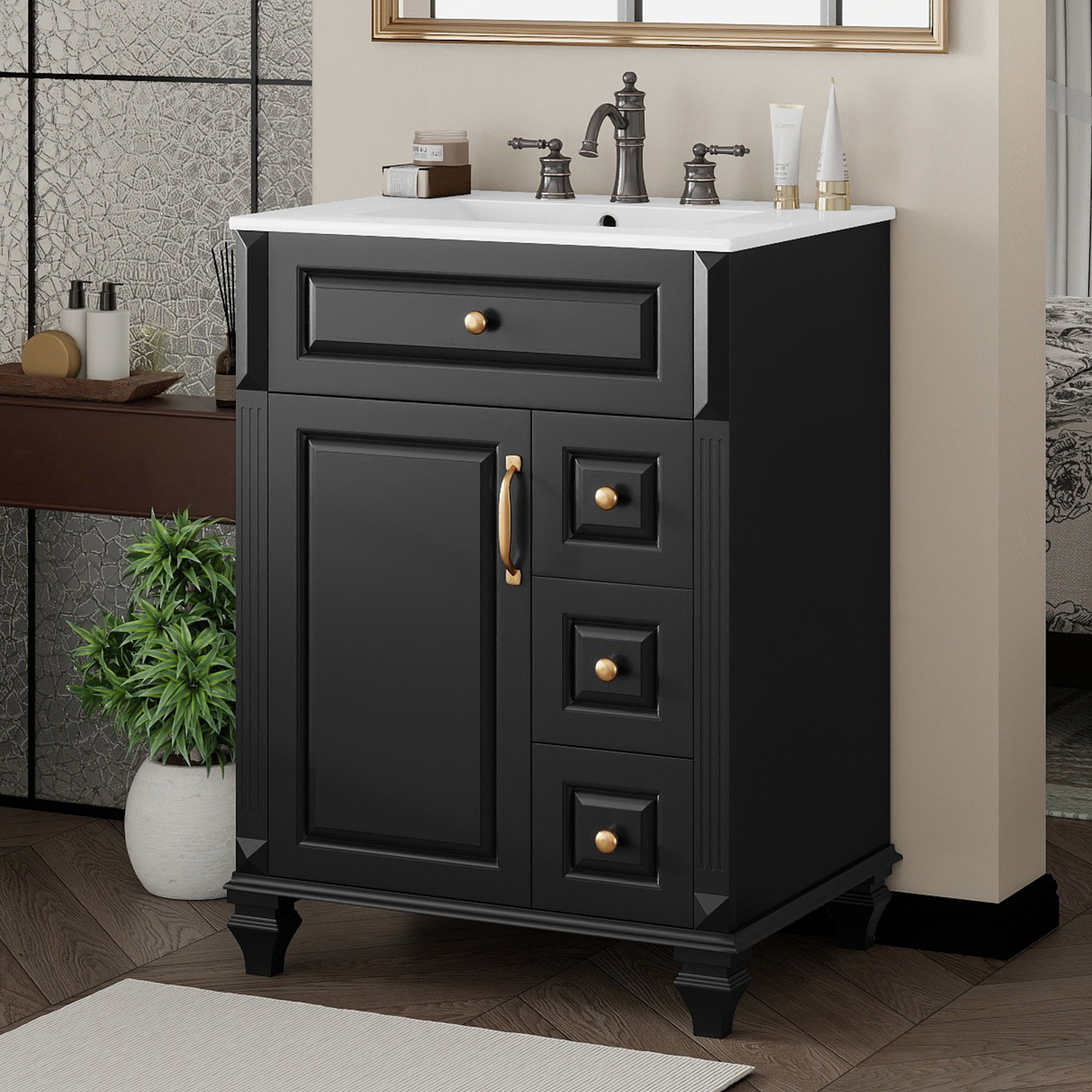 24 Inch Bathroom Vanity With Sink, Black Freestanding Vanity Cabinet With Flip-Out Drawer, 3 Drawers & Storage Cabinet, Solid Wood & MDF, Ceramic Sink Top