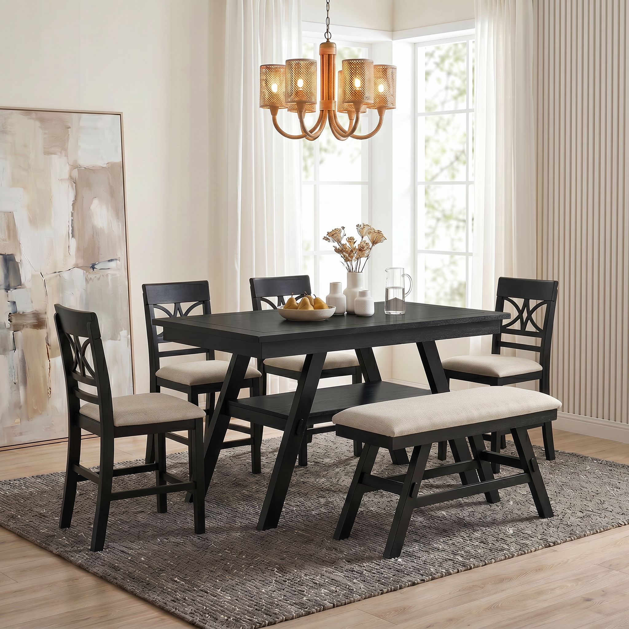 TOPMAX 6-Piece Wood Counter Height Dining Table Set With Storage Shelf, Kitchen Table Set With Bench And 4 Chairs,Rustic Style,Espresso Beige Cushion  Old Sku N717S000257AAP