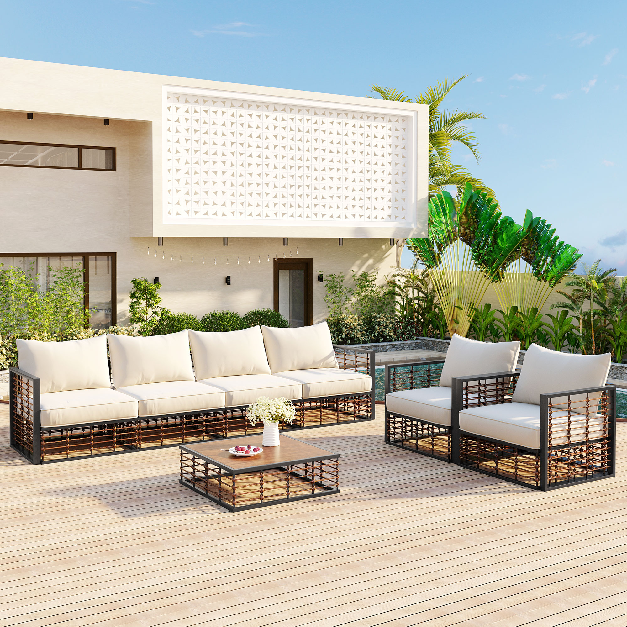 TOPMAX Modern Minimalist 7-Piece Metal Patio Sectional Sofa Set, All-Weather Garden Conversational Furniture Set With Thick Cushions And Coffee Table For Indoor Outdoor, Dark Grey