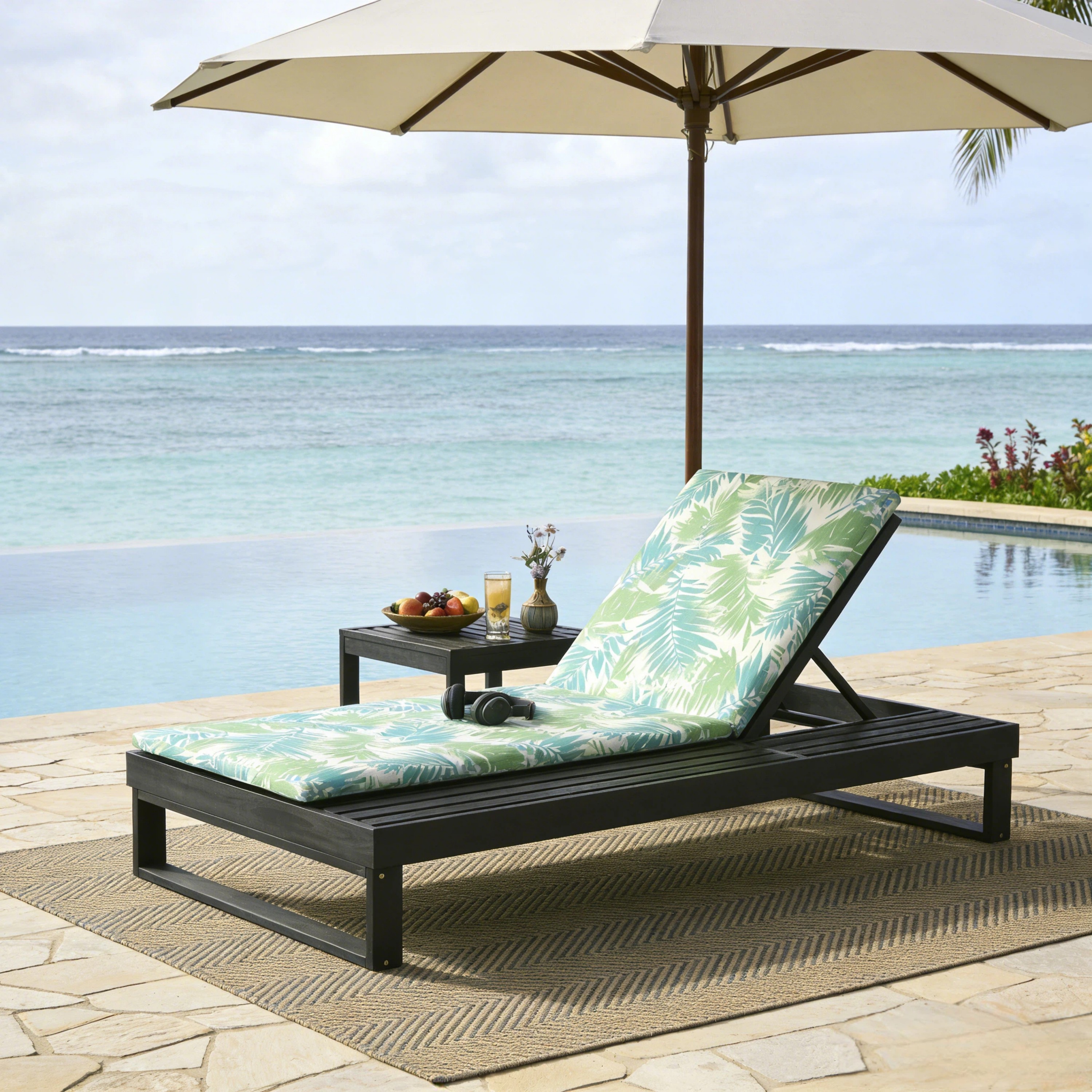 Black Acacia Wood Chaise Lounge With 1.57-Inch Leaf Coconut 2-Fold Cushion Set, 4-Position Adjustable With Flat Side Surface, For Poolside - Matching Cream,dark Gray Version Available