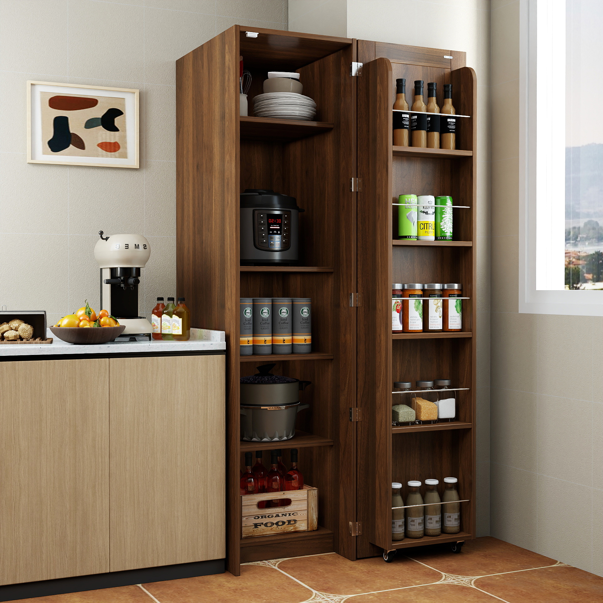 Kitchen Pantry Cabinet, BrownFreestanding Buffet Cupboards Sideboard With Doors & Shelves, Kitchen Pantry Storage Cabinet For Kitchen, Living Room And Dinning Room