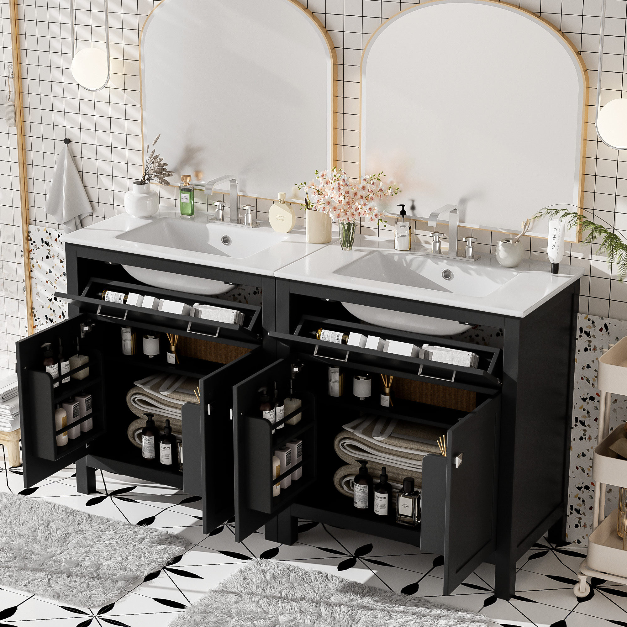60  Modern Black Bathroom Vanity Set With Double Vanities  Separate , Double Ceramic Sinks, Adjustable Shelf, Soft Close Doors And Flip Drawer Modern Bathroom Solution For Spacious Bathrooms