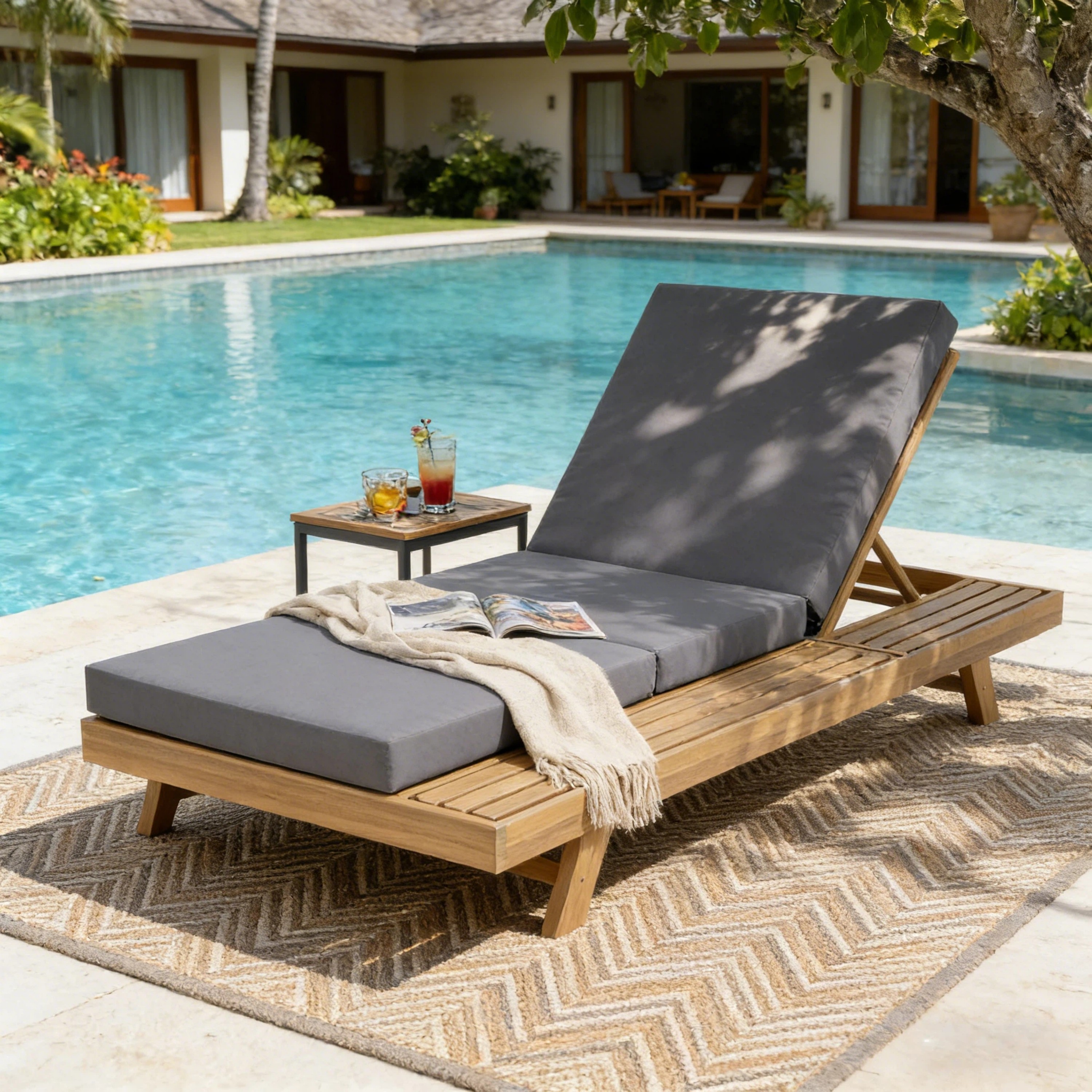 Lounge Chaise Set, Space Available On One Side, Acacia Solid Wood In Light Brown With Lounge Cushion Dark Grey & Triple Fold -Matching Cream Version Available