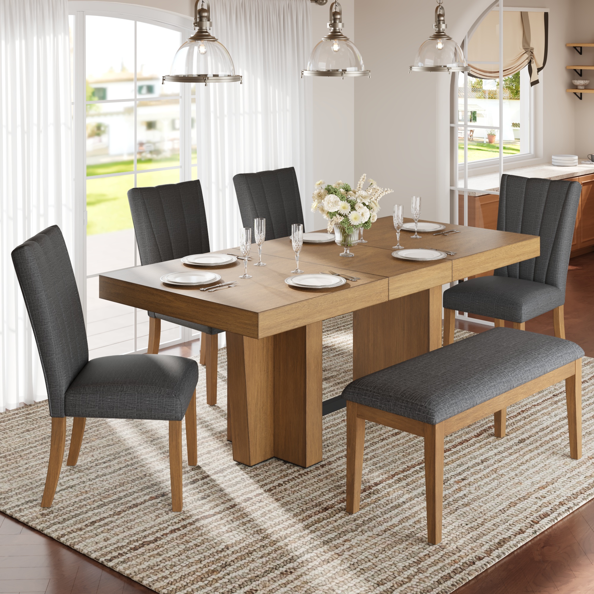 TOPMAX Farmhouse 78.1inch Extendable Wood Dining Table Set For 6, Kitchen Table Set With Bench And 4 Upholstered Chairs,3.8inch Thick Tabletop And Trestle Legs For Kitchen, Dining Room, Brown Gray
